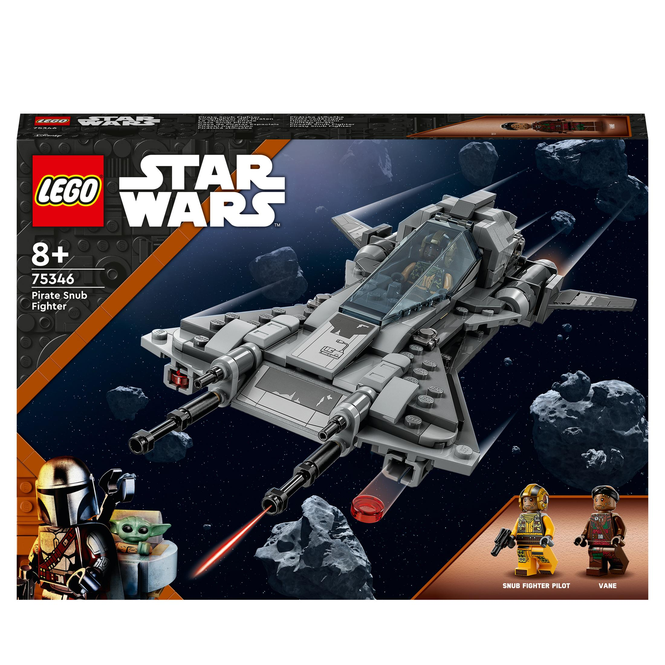 Caja Lego Star Wars. Nave espacial gris, figuras y fondo de escena espacial.