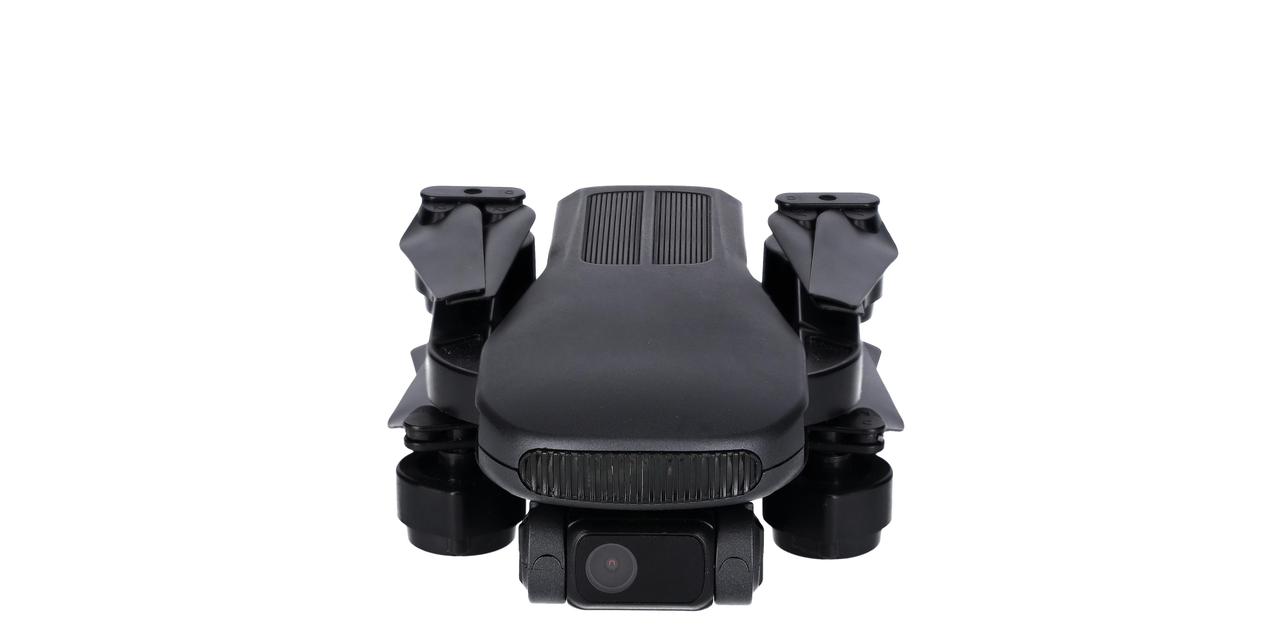 Czarny dron z kamerą, śmigłami i ciemnym korpusem na białym tle.