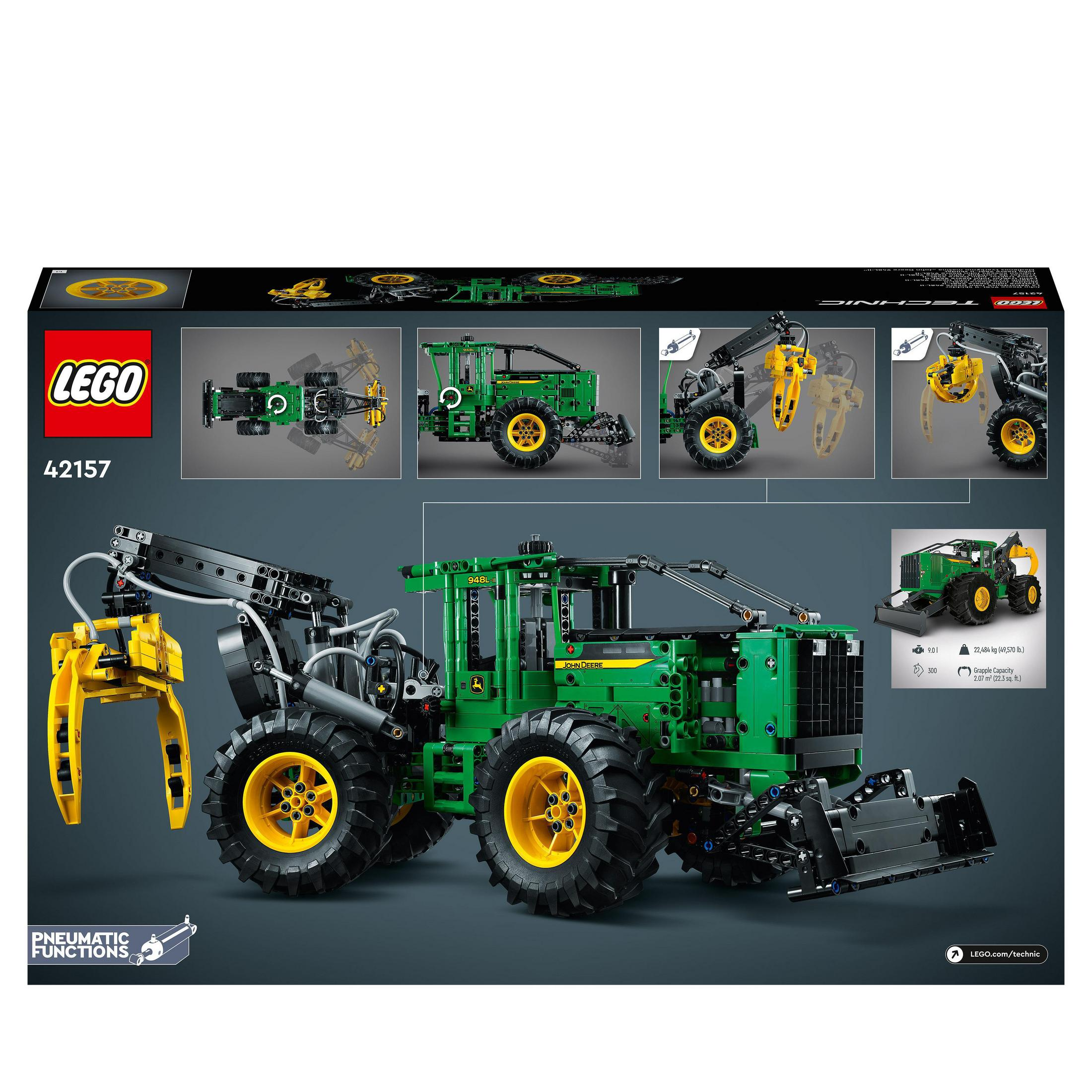 Zestaw ciągnika Lego Technic John Deere. Zielony i żółty. Szczegółowy widok ciągnika i jego funkcji.
