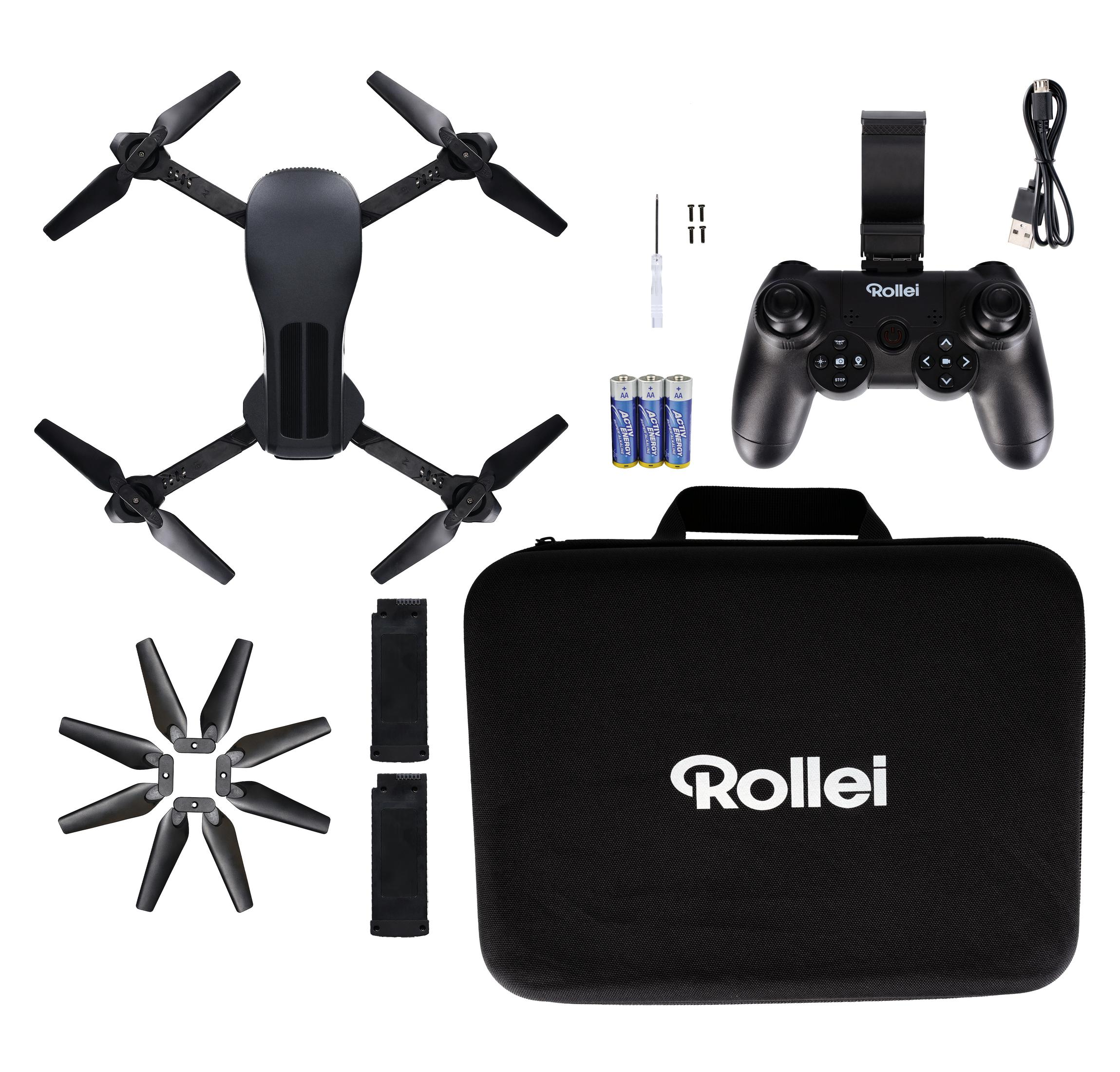 Dron z etui, pilotem, bateriami, częściami zapasowymi i kablem do ładowania. Dron jest czarny.