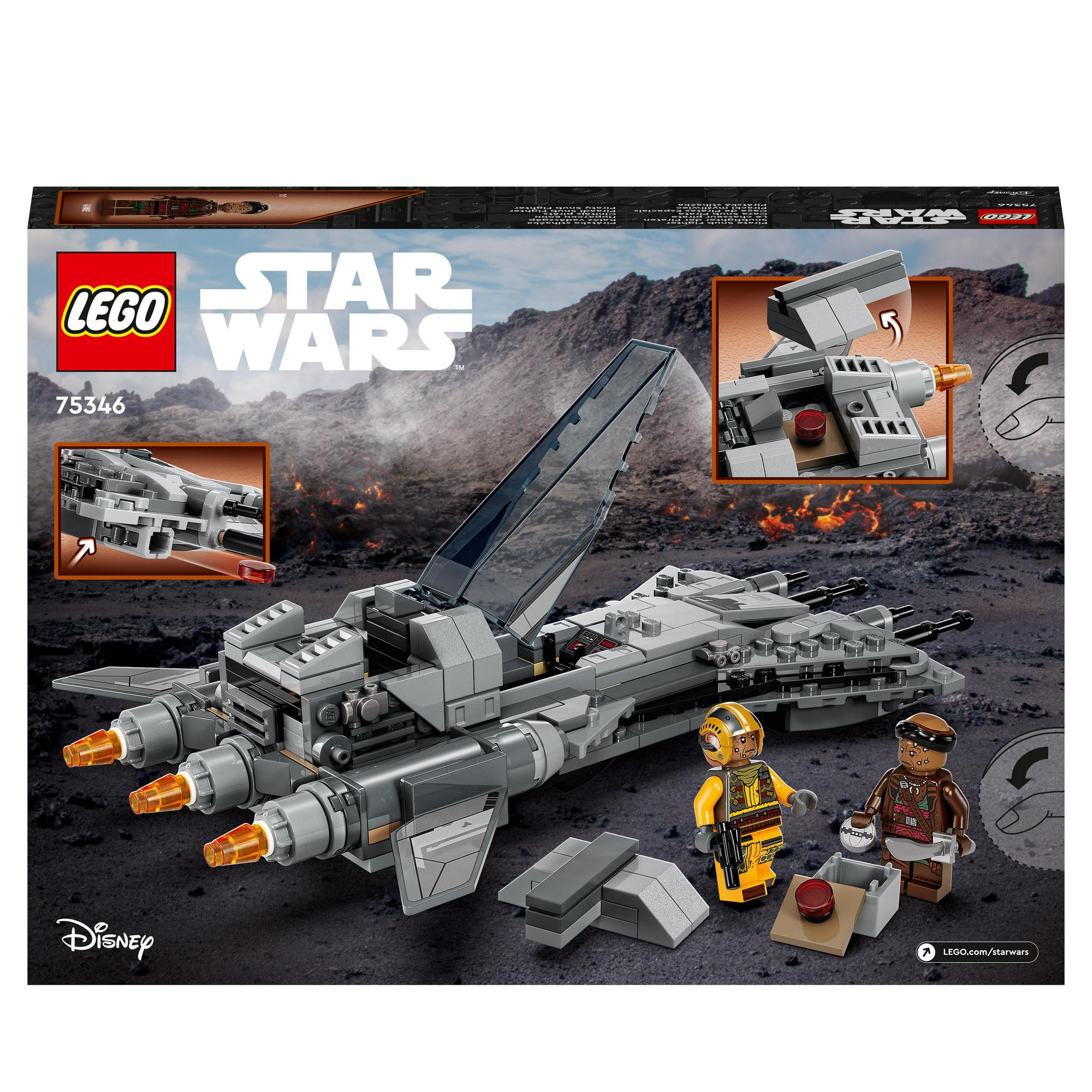 Set Lego Star Wars con una nave espacial gris. Escena muestra la nave y minifiguras.