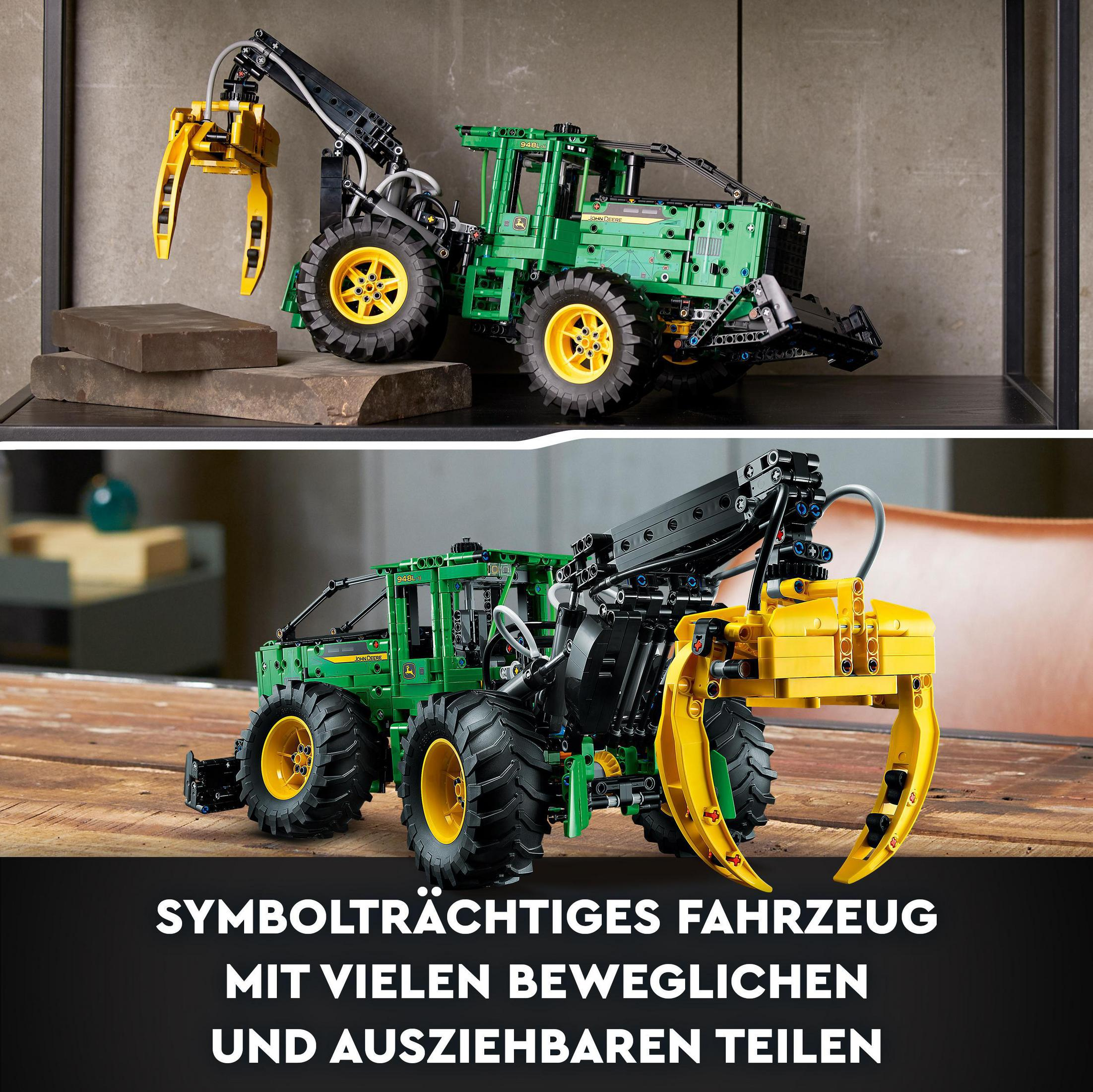 Dwa zdjęcia zielono-żółtego zestawu Lego przypominającego traktor z ramieniem podnoszącym i żółtym pazurem.