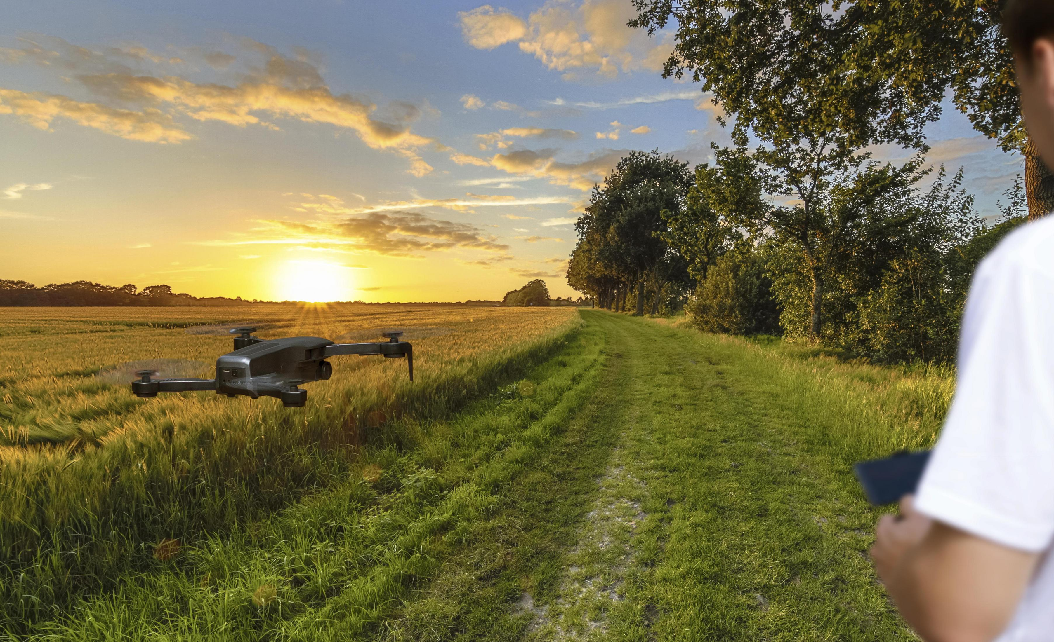 Dron latający nad polem pszenicy o zachodzie słońca, z osobą trzymającą pilota.