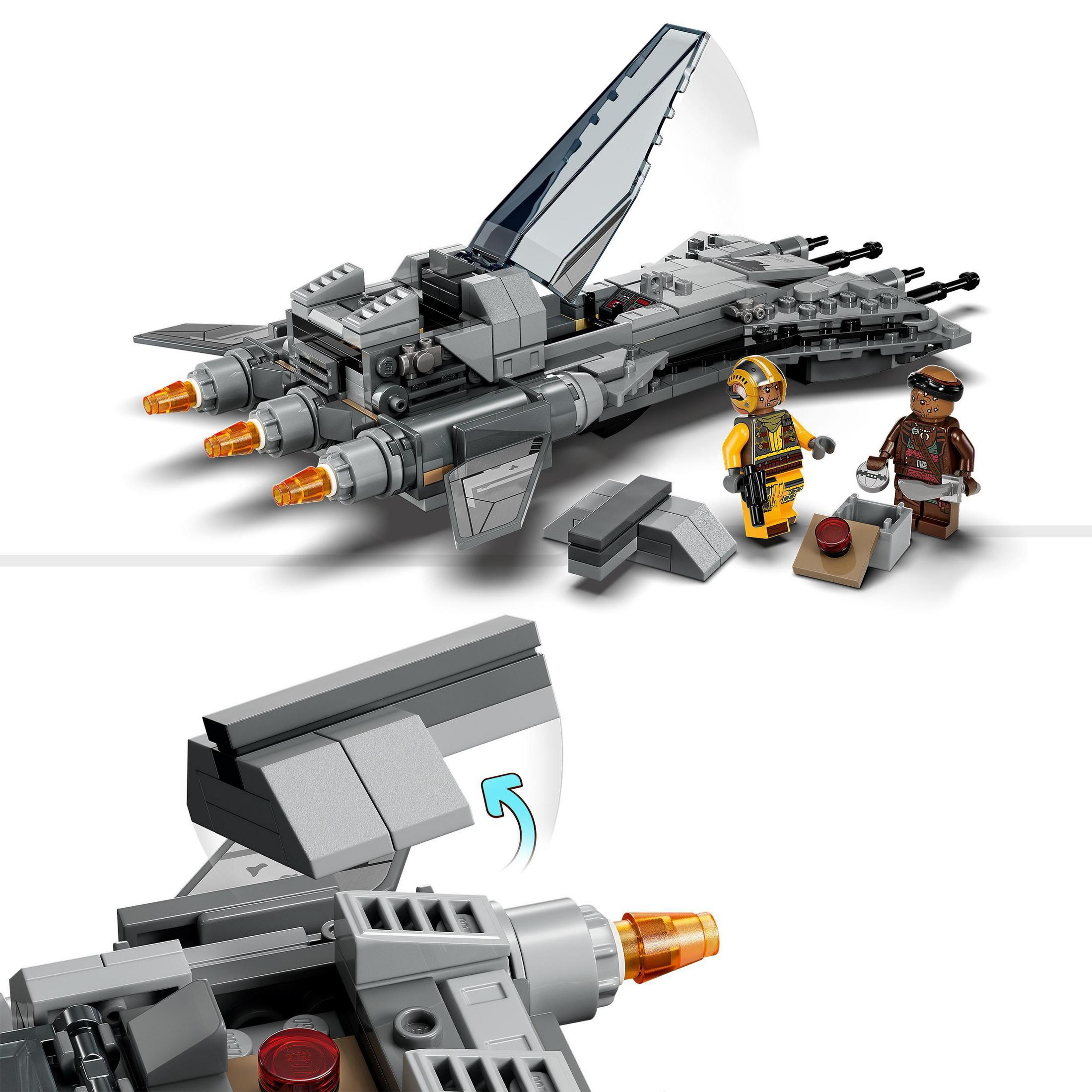Nave espacial Lego con dos minifiguras. Una figura sostiene una bebida.