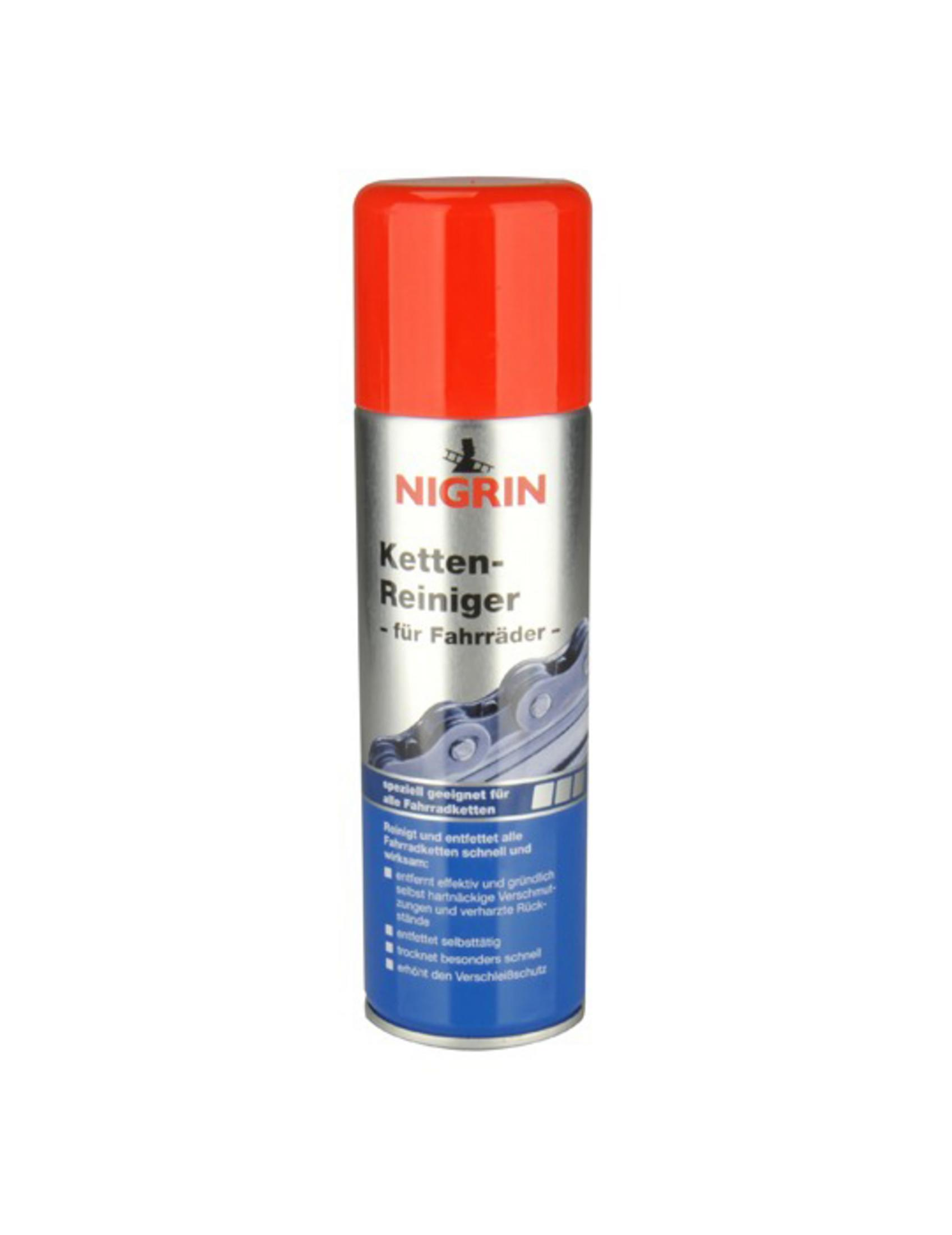 Nigrin spray do czyszczenia łańcucha, czerwona nakrętka, srebrna puszka, niebieska etykieta z łańcuchem rowerowym.