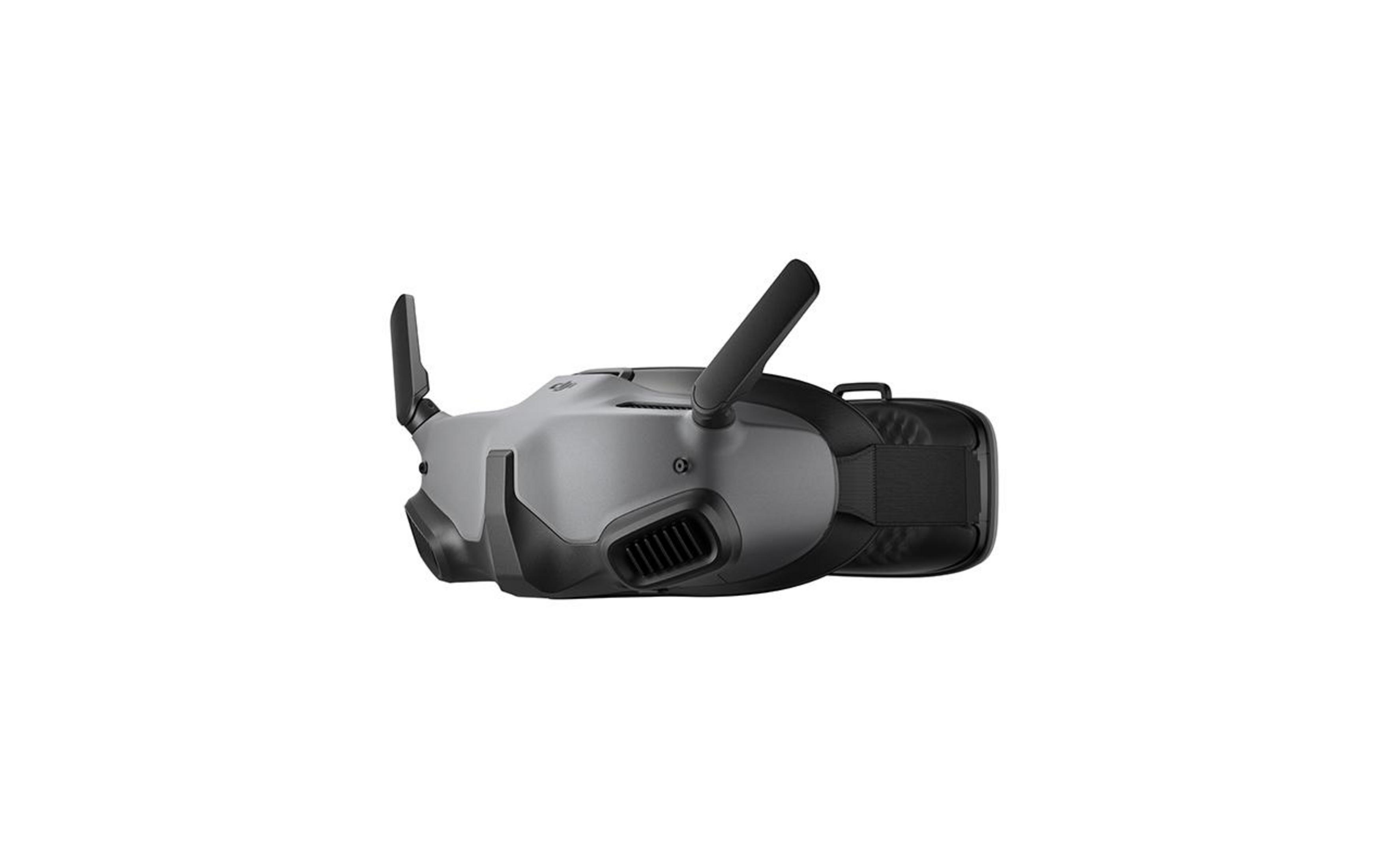 Eine graue VR-Brille für eine Drohne, von oben gesehen, isoliert auf weißem Hintergrund.