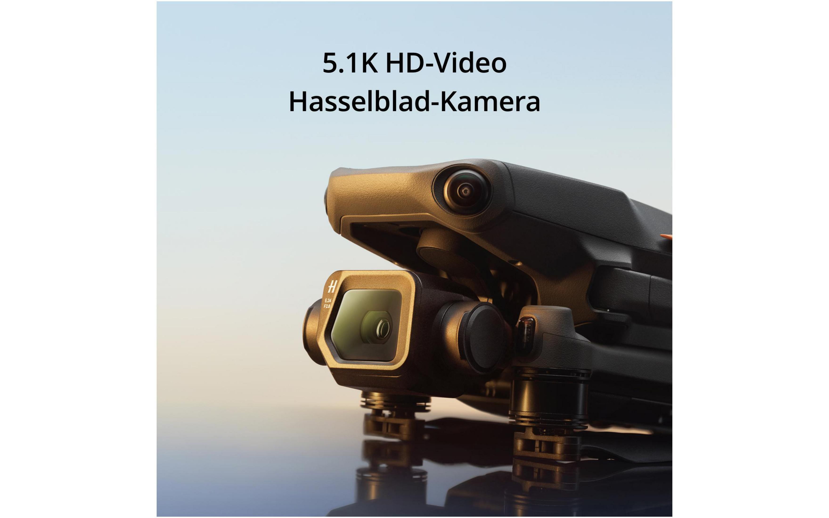 Drohne Nahaufnahme mit Kameraobjektiv. Text: 5.1K HD-Video Hasselblad-Kamera.