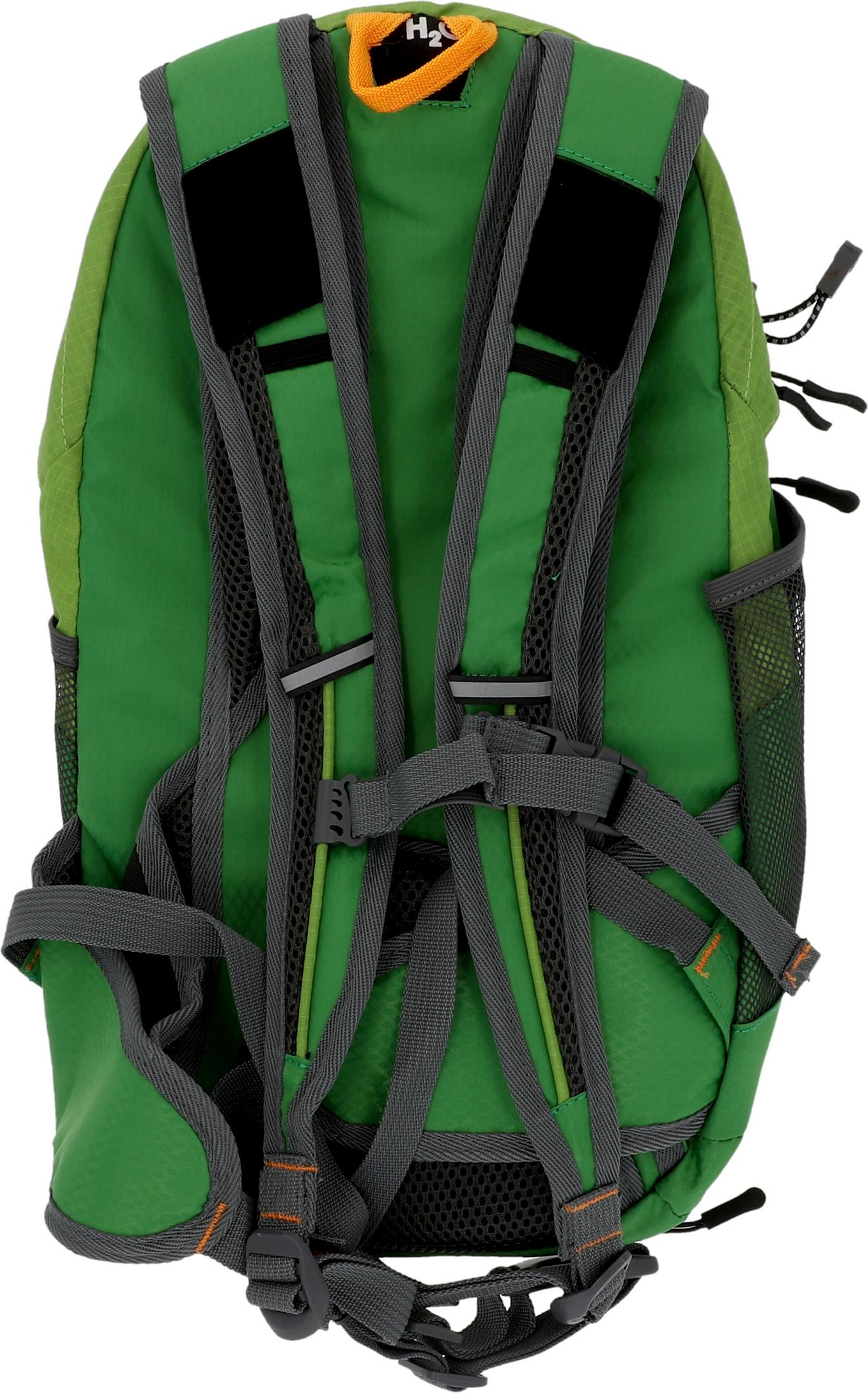 Grüner Rucksack mit grauen Trägern, Schnallen und Netztaschen.