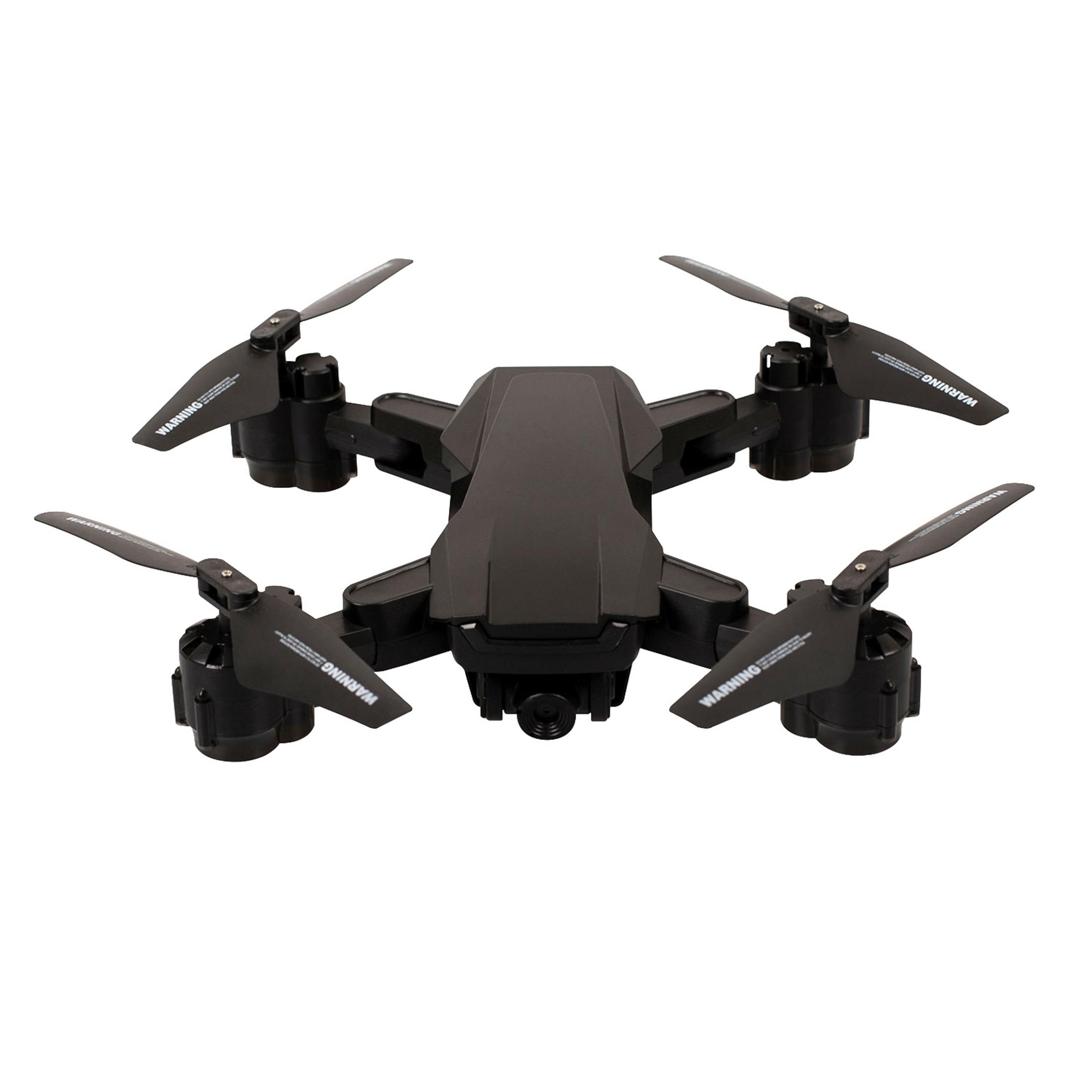 Czarny dron z czterema śmigłami. Jest na białej powierzchni. Śmigła mają etykiety ostrzegawcze.