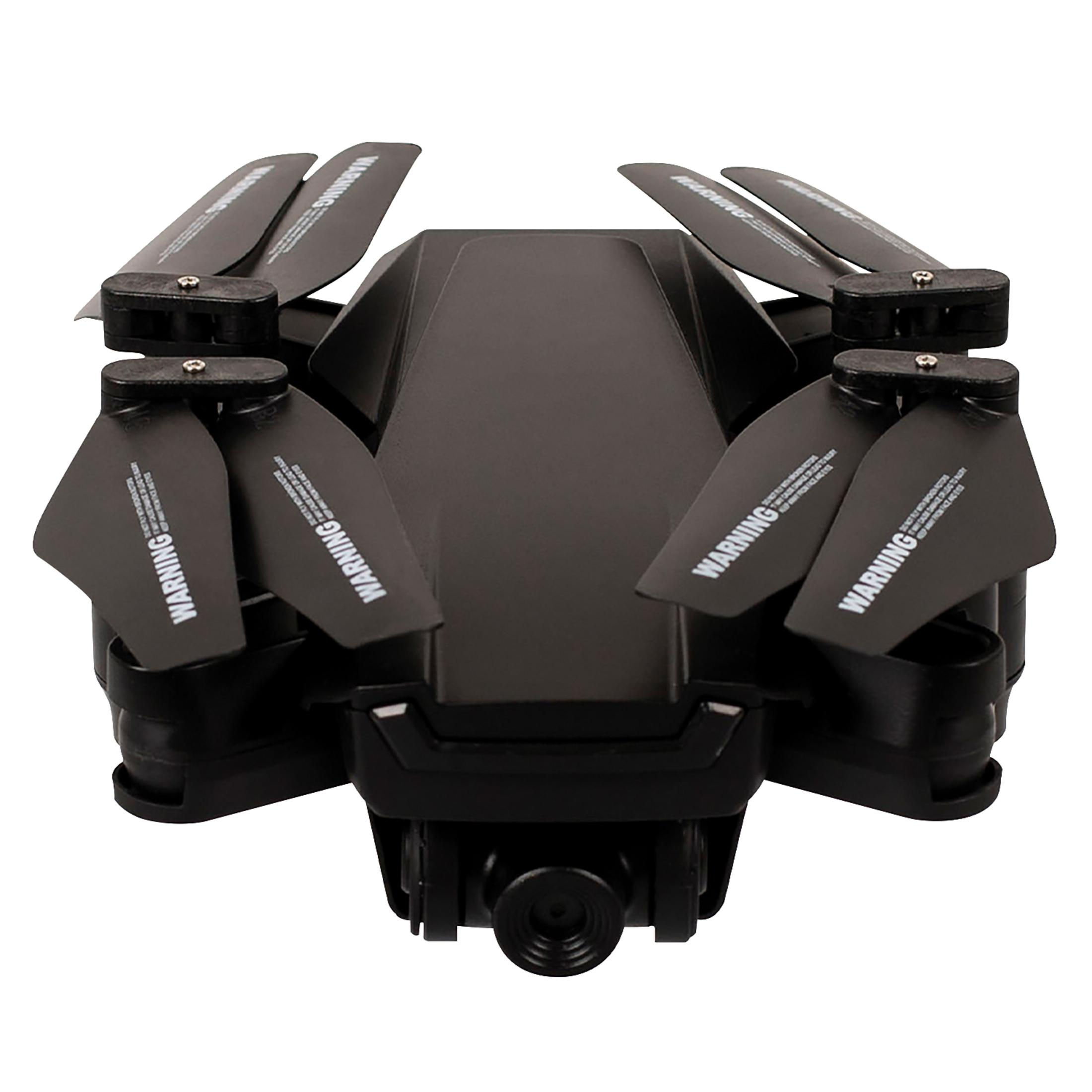 Czarny dron z czterema śmigłami i kamerą, widok z góry.