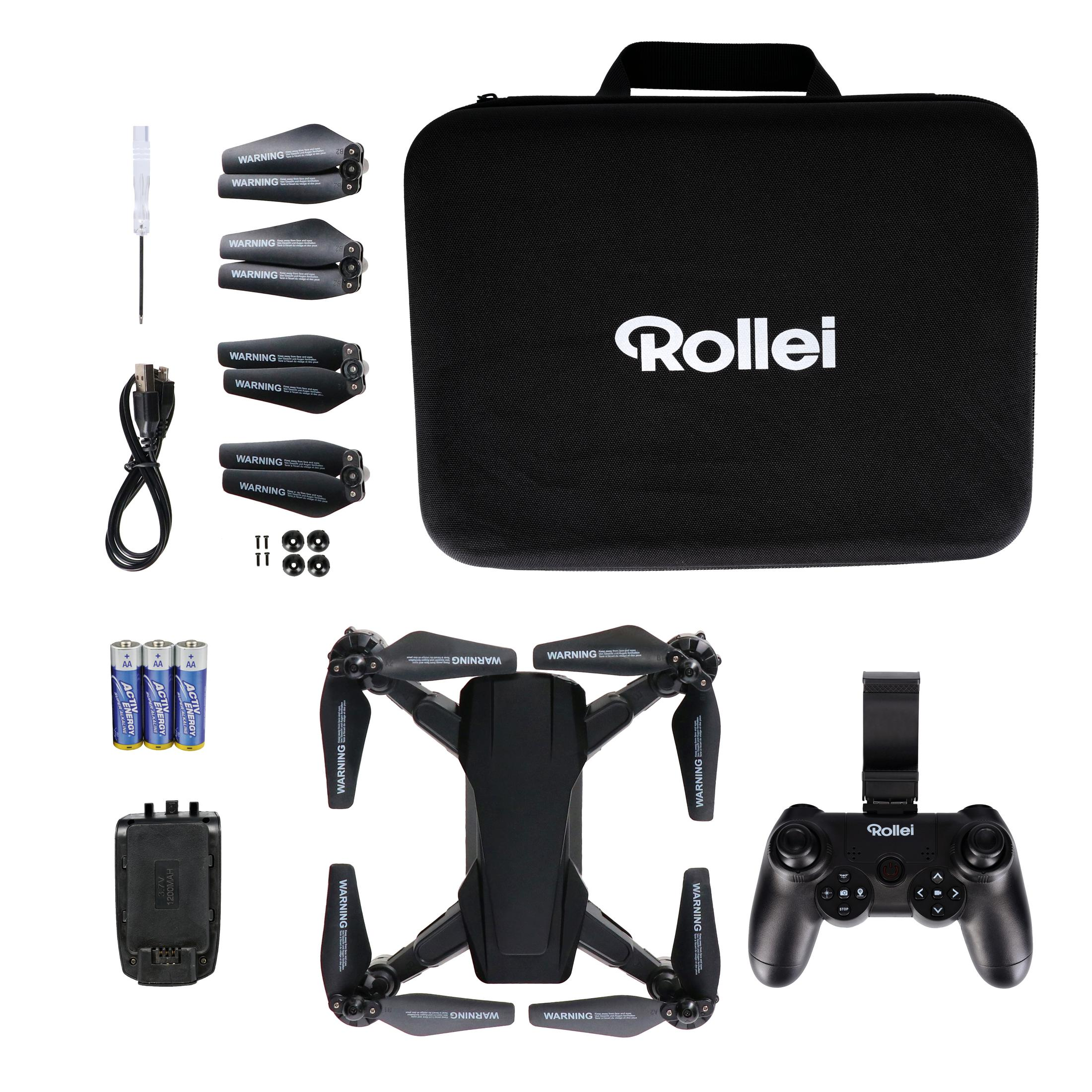 Dron i jego akcesoria. Zawiera futerał, pilota, baterie i śmigła.