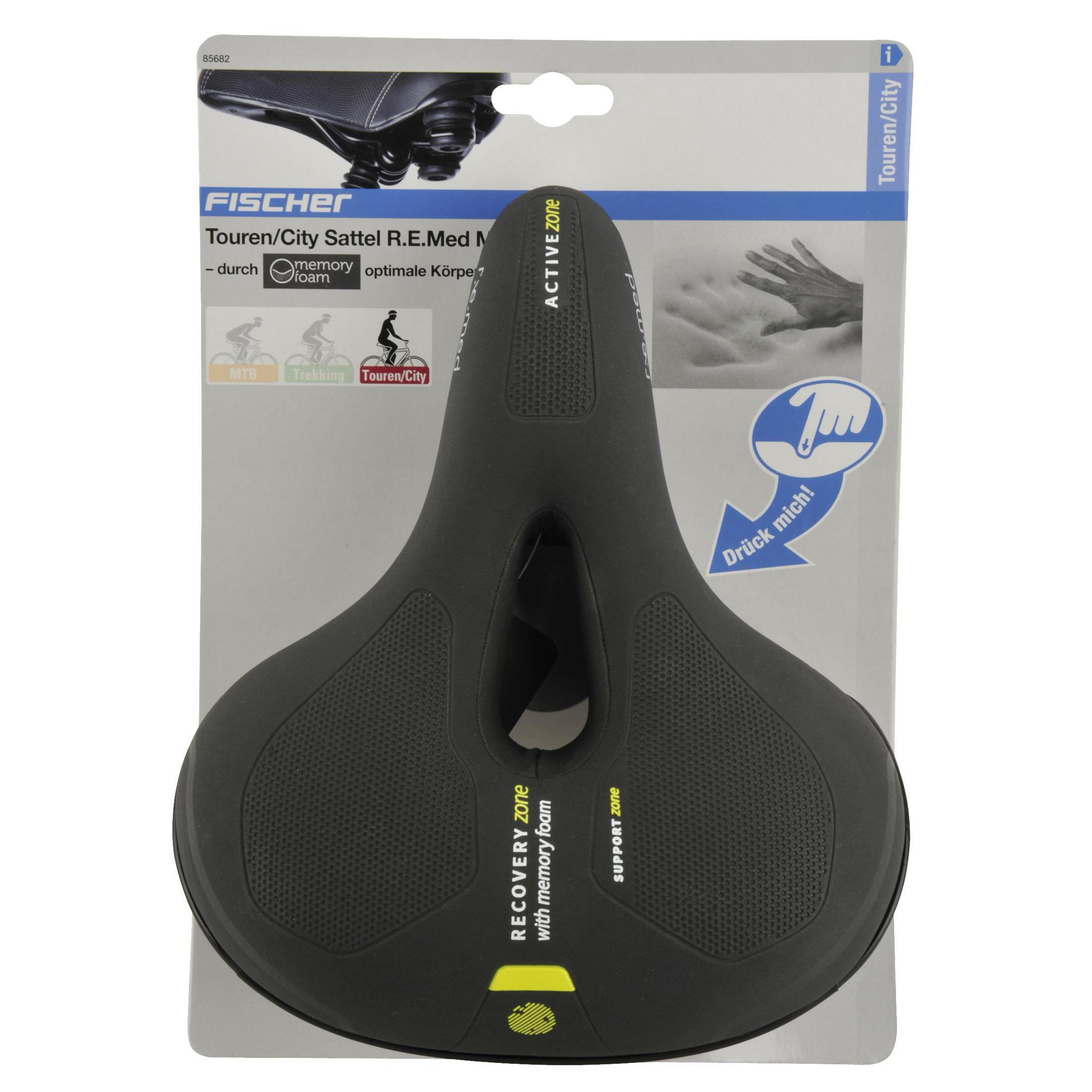Ein schwarzer Fahrradsattel mit grauem und gelbem Design auf der Verpackung.