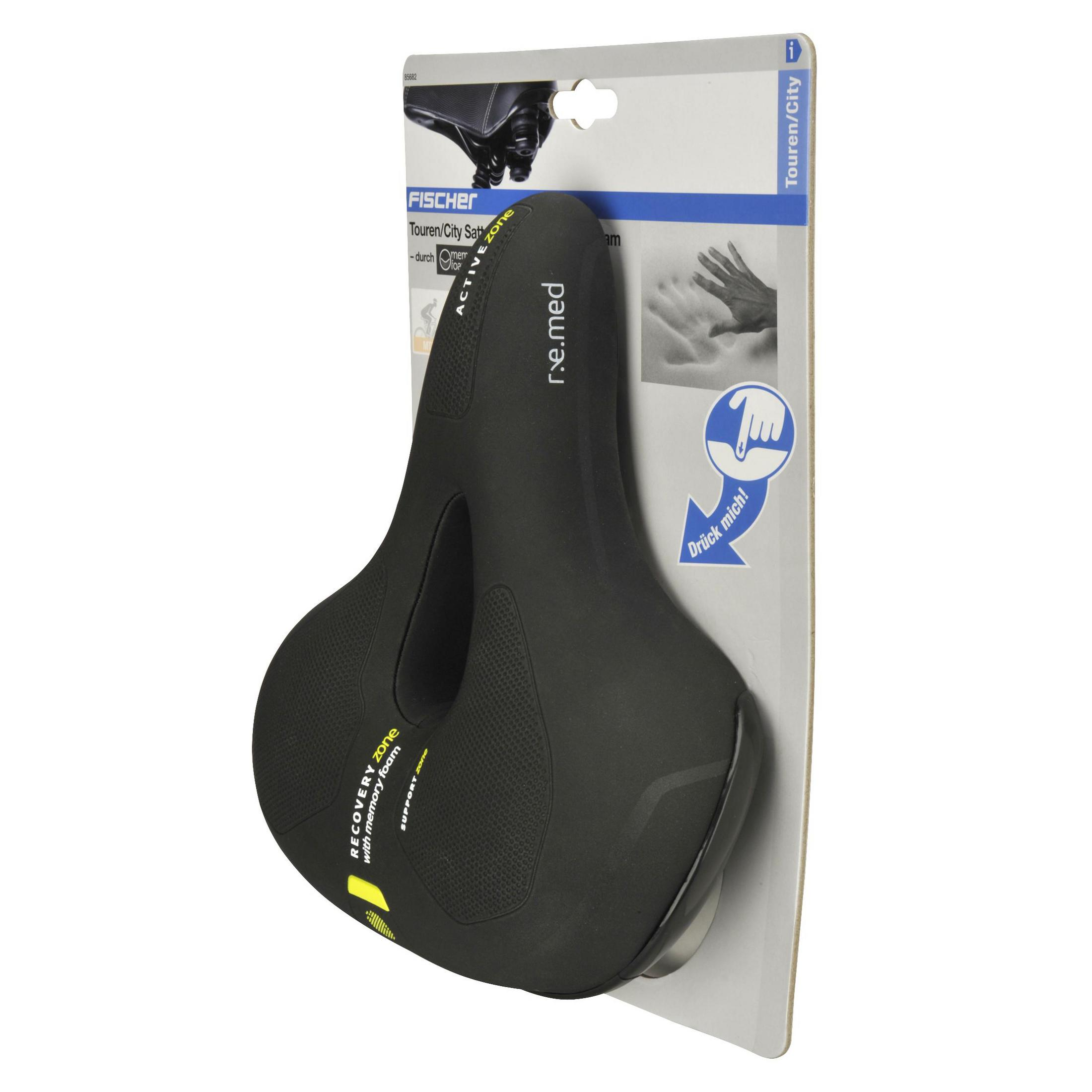 Schwarzer Fahrradsattel auf weiß-grauer Karte. Gelber Akzent, mit Hand-Symbol.
