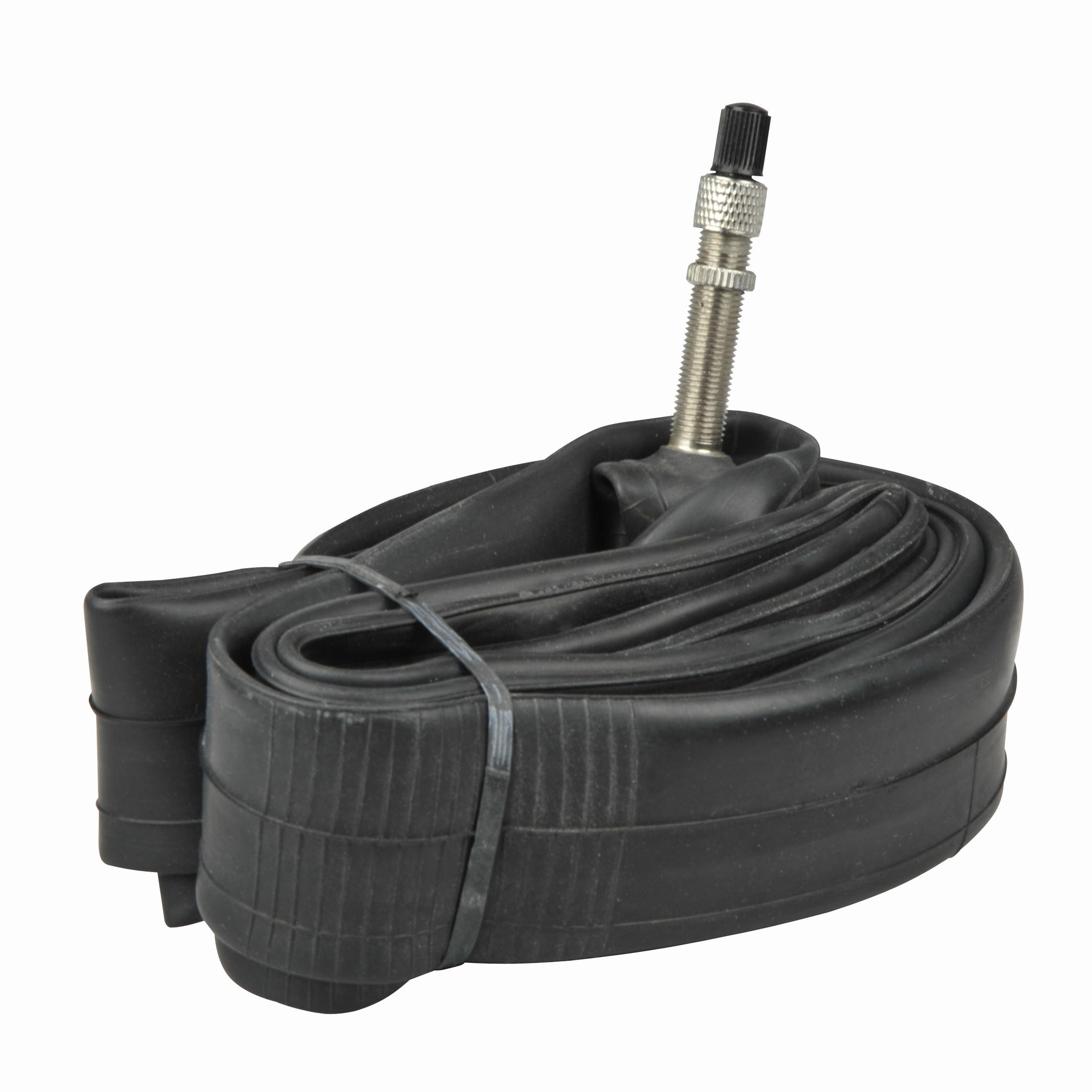 Czarna dętka rowerowa z zaworem, zwinięta i związana.