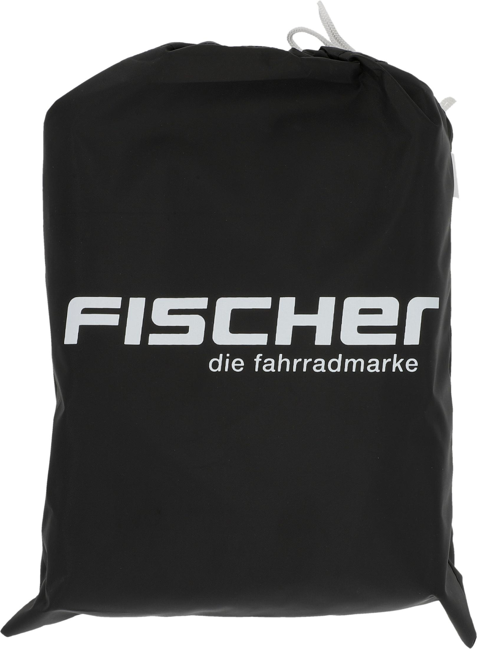 Schwarze Fischer Fahrradhülle mit weißem FISCHER-Text und dem Markenslogan darauf.