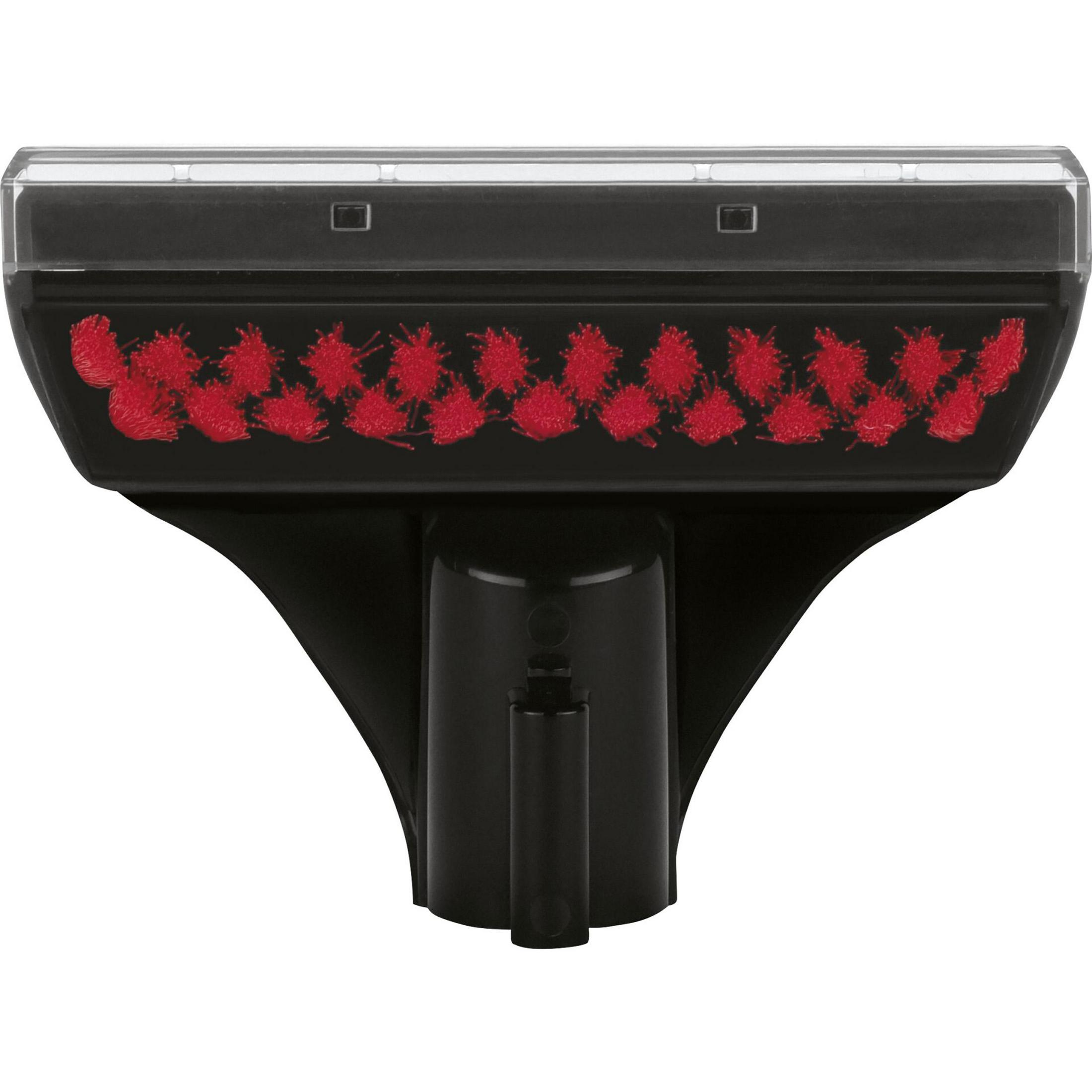 Czarna głowica odkurzacza. Ma czerwone szczotki. Konstrukcja jest w kształcie litery V.