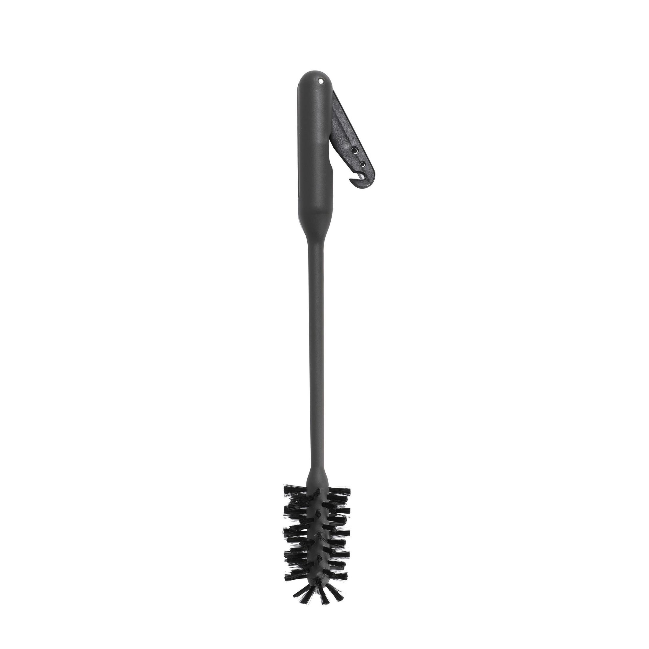 Schwarze Flaschenbürste, weißer Hintergrund. Langer Griff, schwarze Borsten, Haken.
