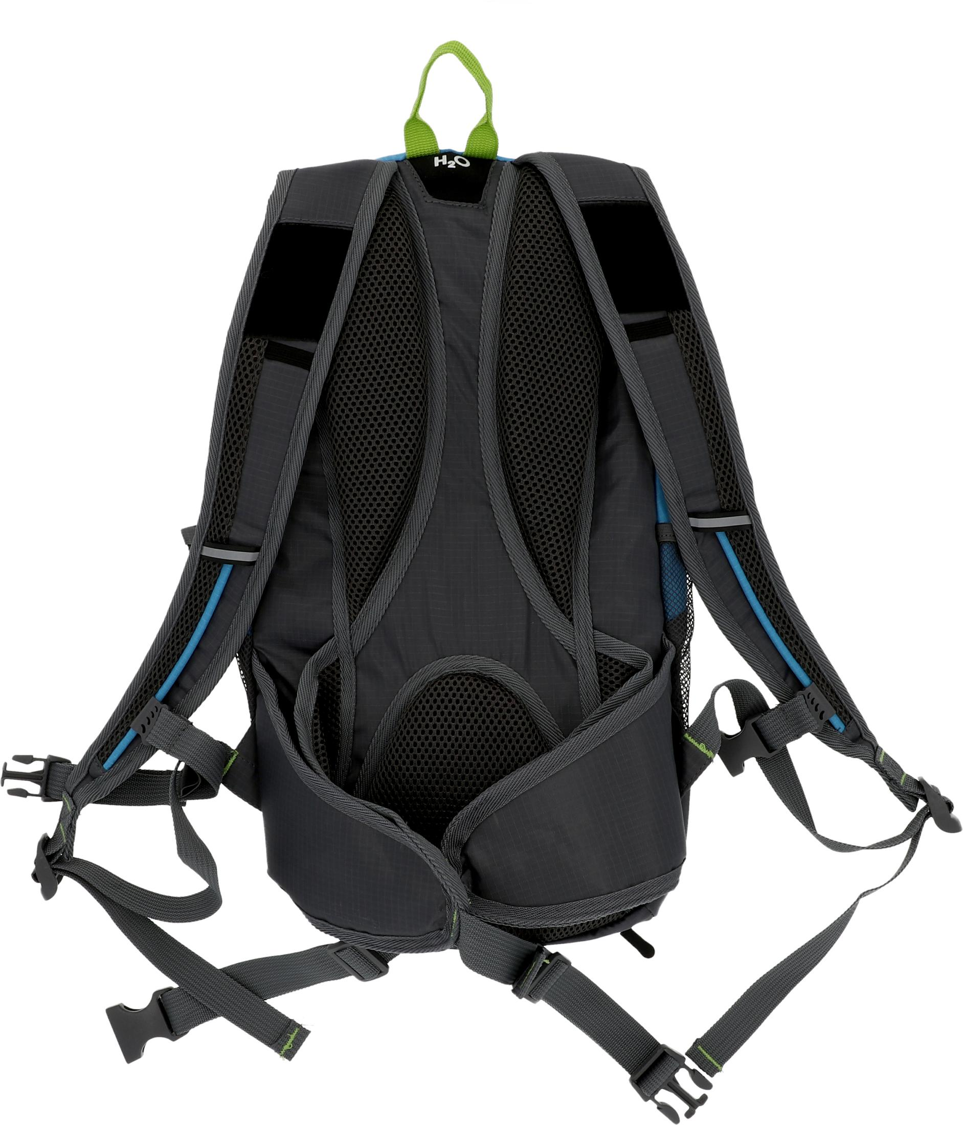 Rucksack mit mehreren Riemen und Fächern. Grau mit blauen und grünen Akzenten.