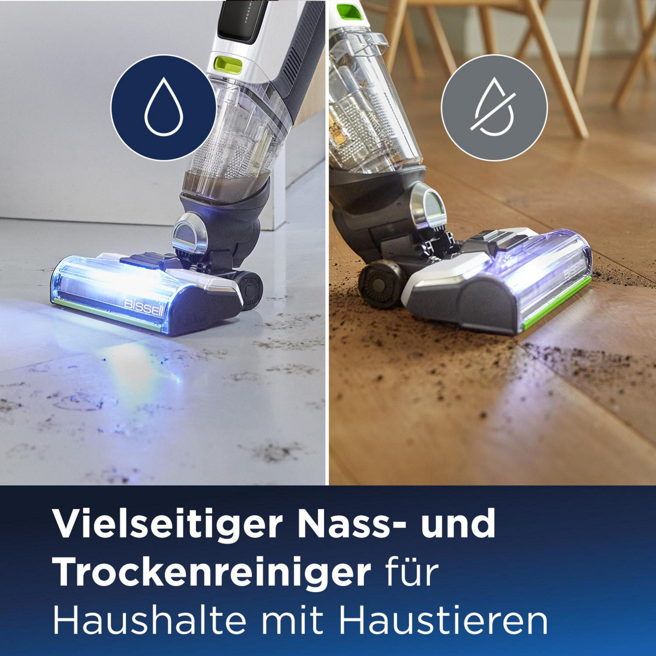 Ein Staubsaugerkopf reinigt einen Boden. Das Bild zeigt Nass- und Trockenreinigungsmodi.