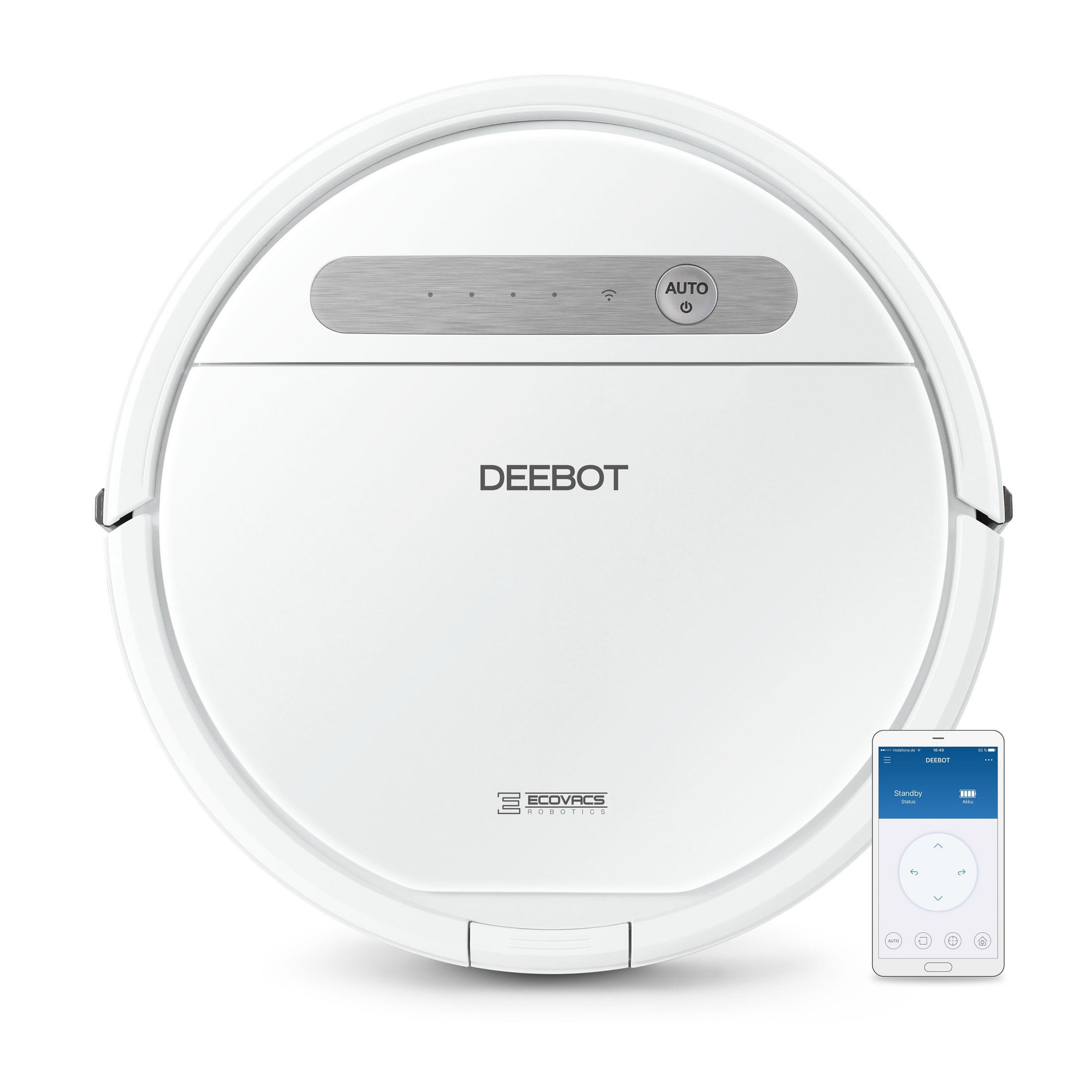 Ein weißer DEEBOT Roboter-Staubsauger mit Fernbedienung, vor weißem Hintergrund.