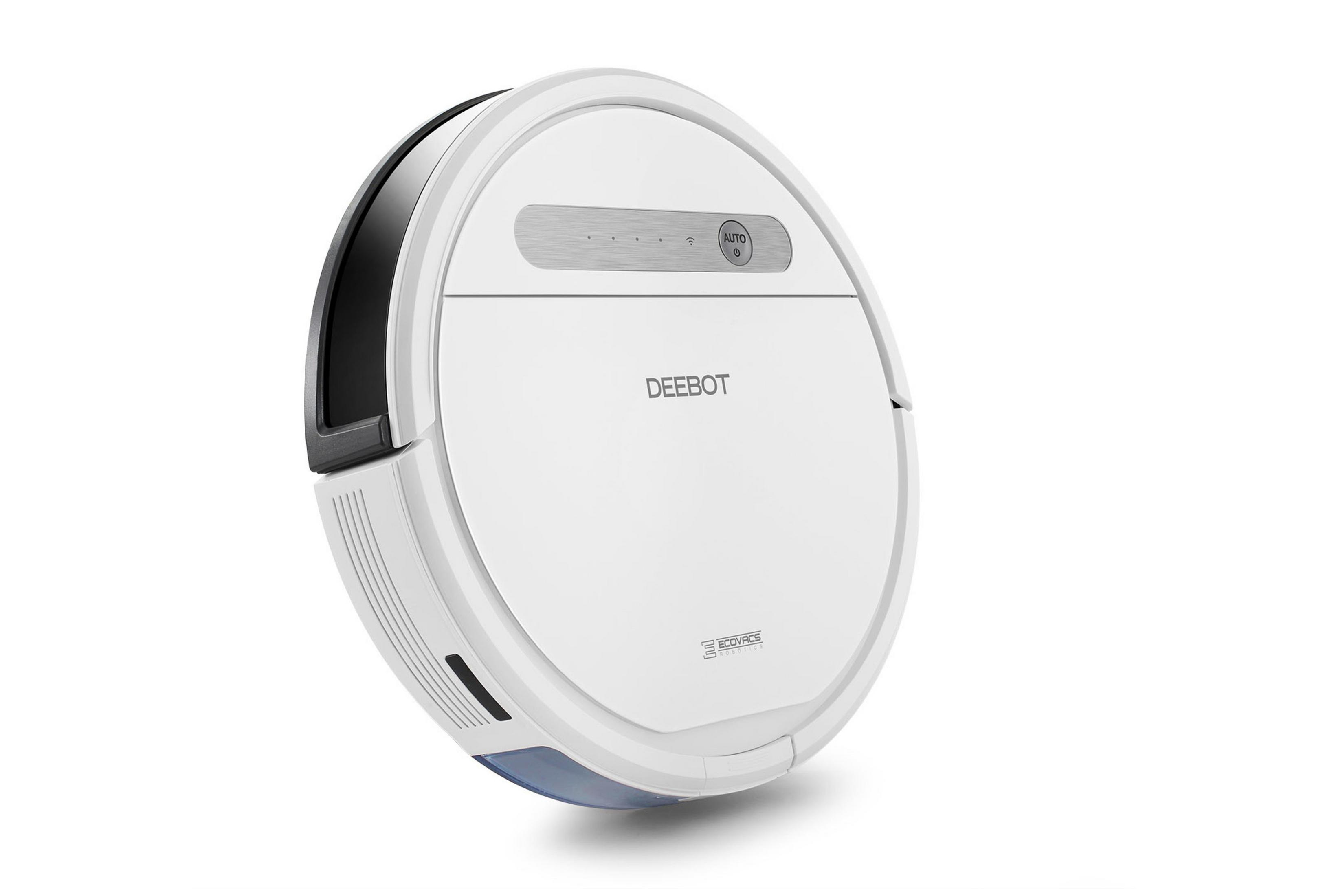 Weißer, kreisförmiger Roboter-Staubsauger mit schwarzer Oberseite und silbernem Streifen.