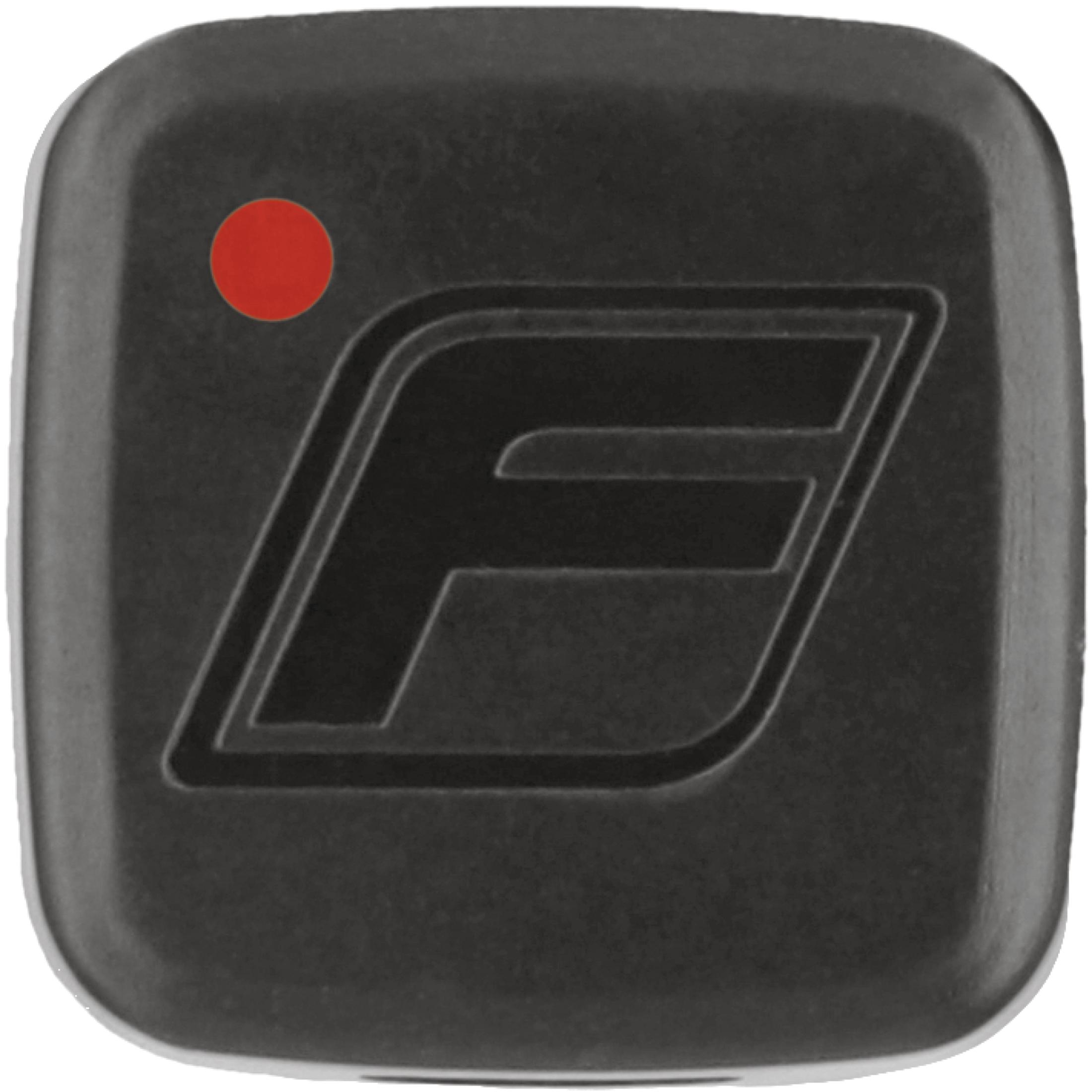 Schwarzes Quadrat mit eingelassenem F-förmigen Logo und rotem Punkt in der Ecke.