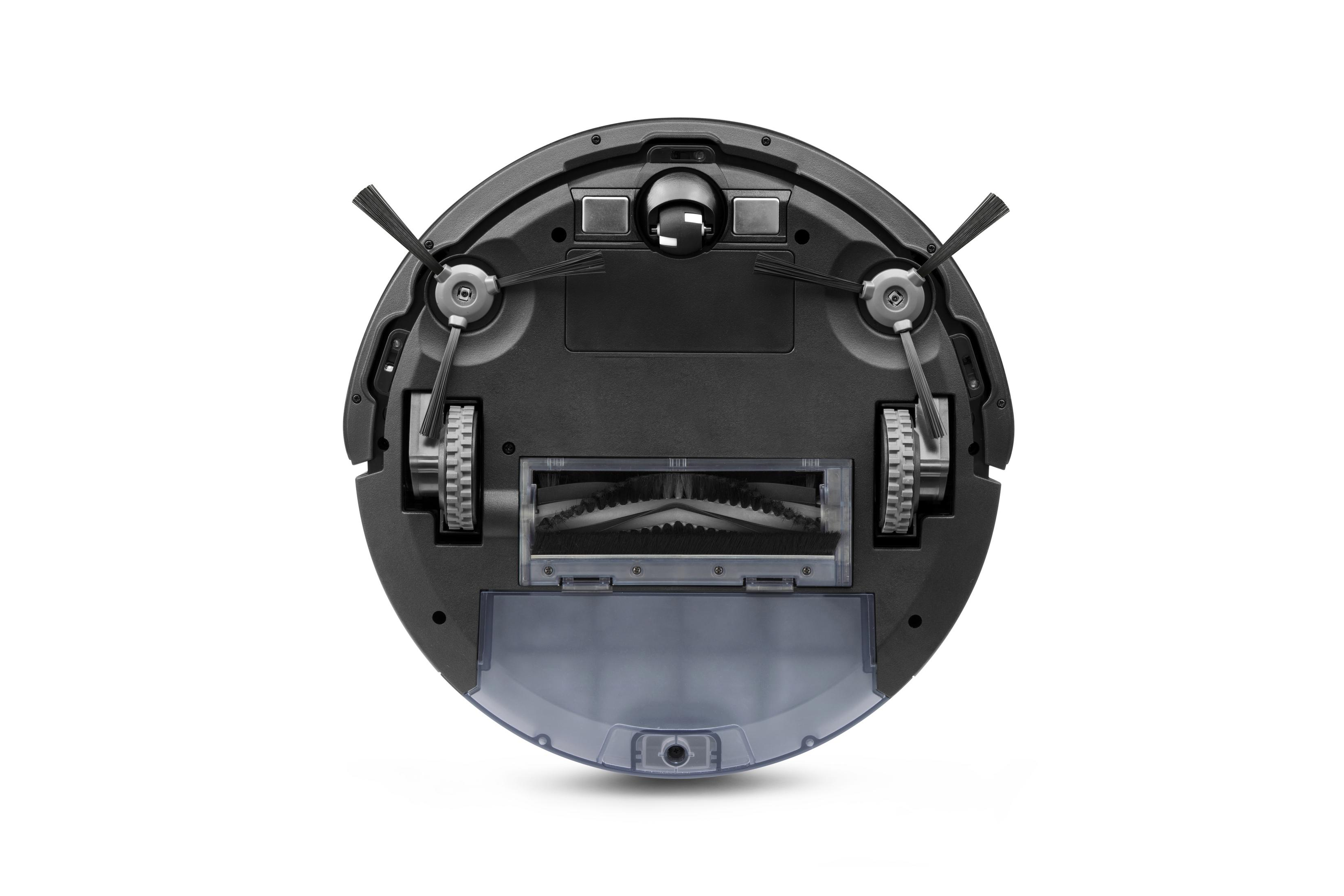 Roboter-Staubsauger. Der Staubsauger ist schwarz und hat Bürsten und einen durchsichtigen Staubbehälter.