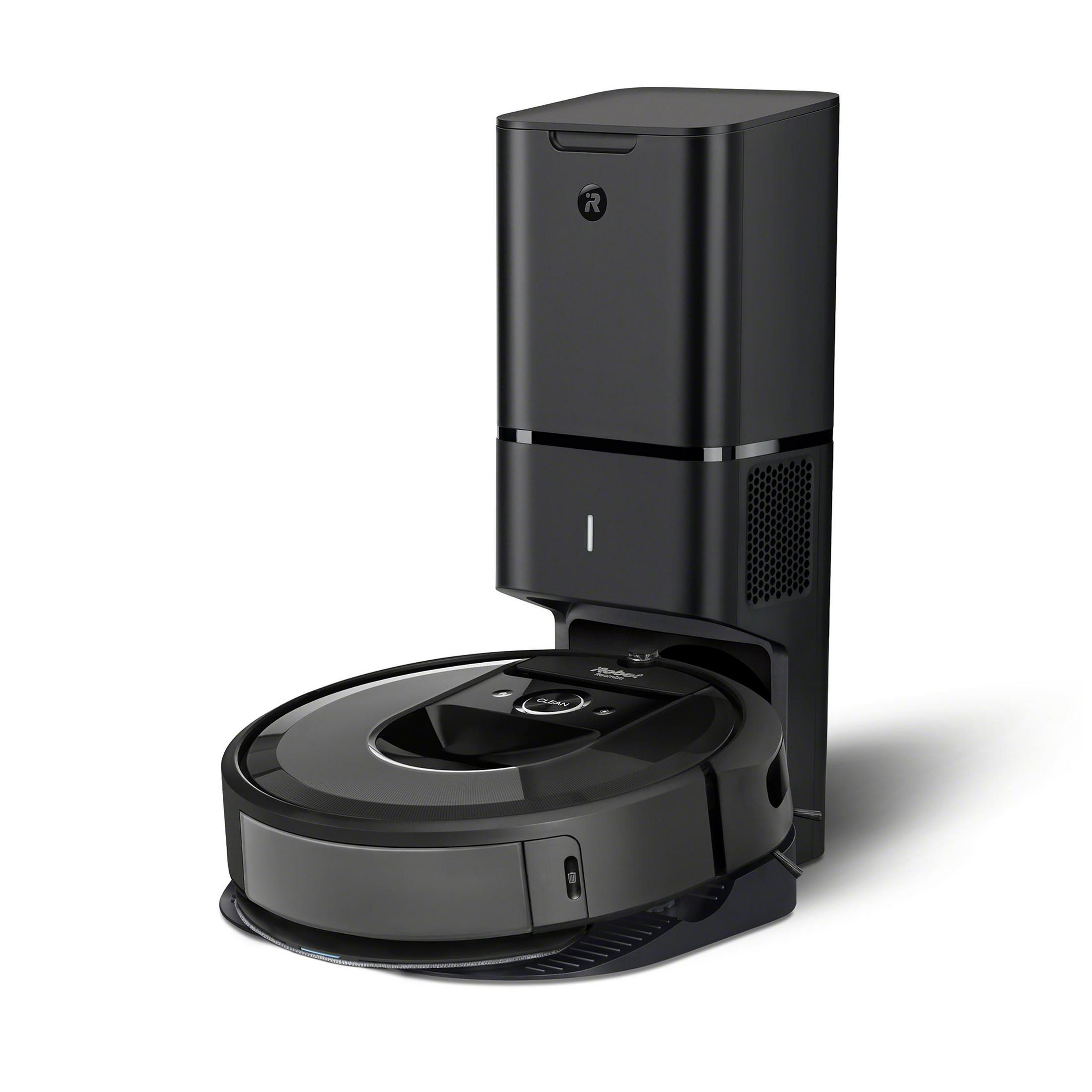 Black robot vacuum cleaner with a charging station on a white background, front view.