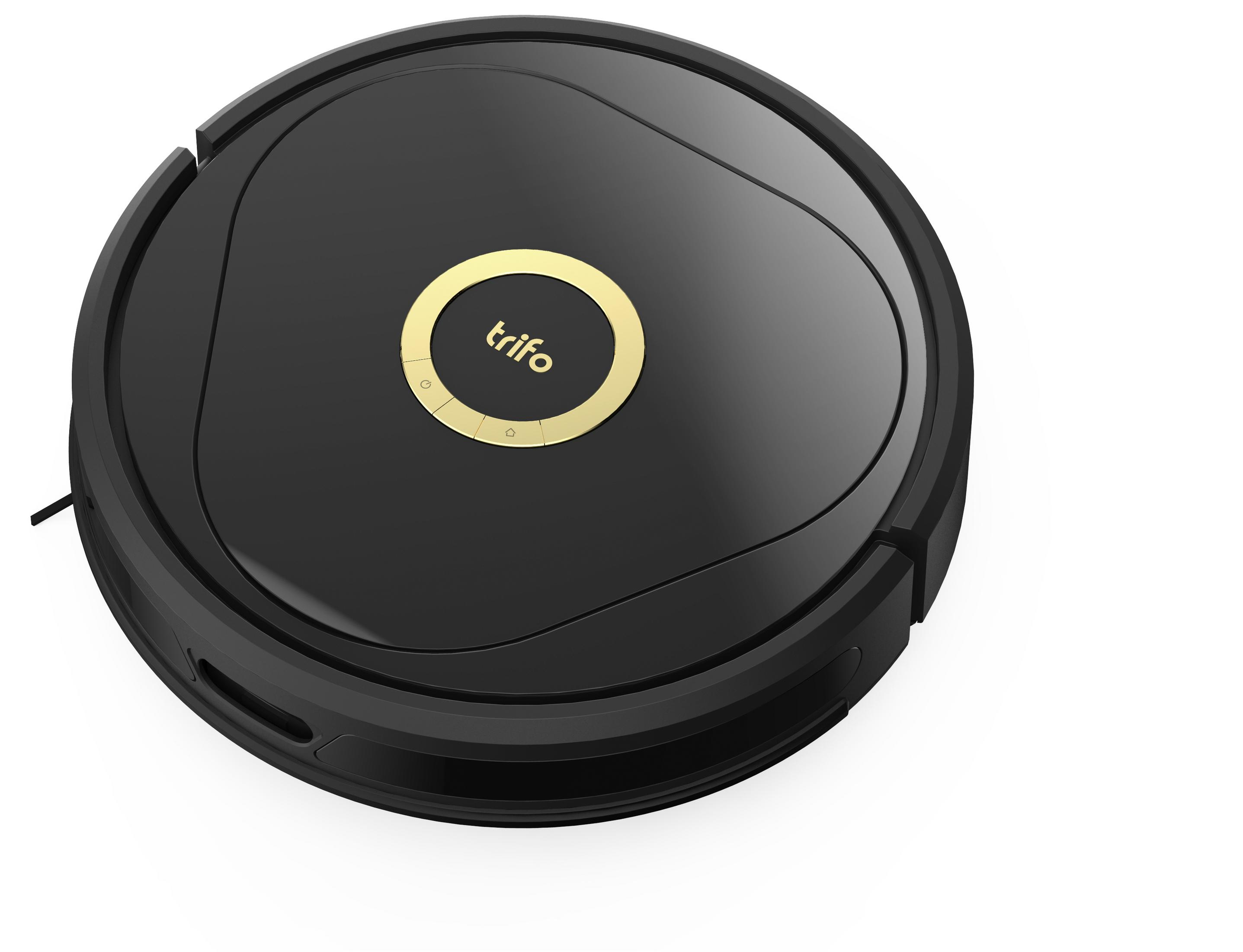 Czarny, okrągły odkurzacz robota ze złotymi akcentami i marką Trifo na białym tle.