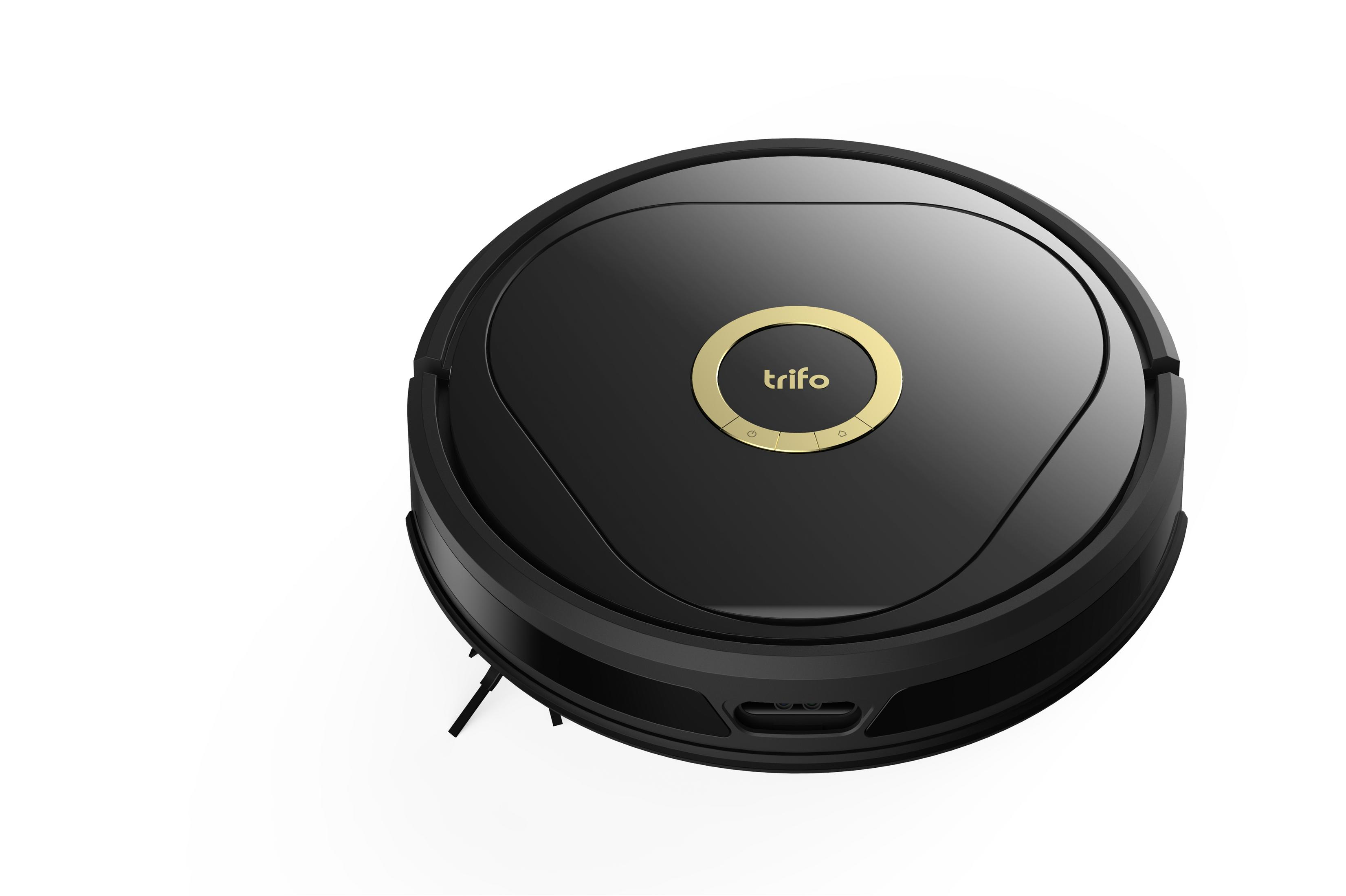 Czarny odkurzacz robot Trifo. Okrągły kształt ze złotym okręgiem. Czysty, prosty design.