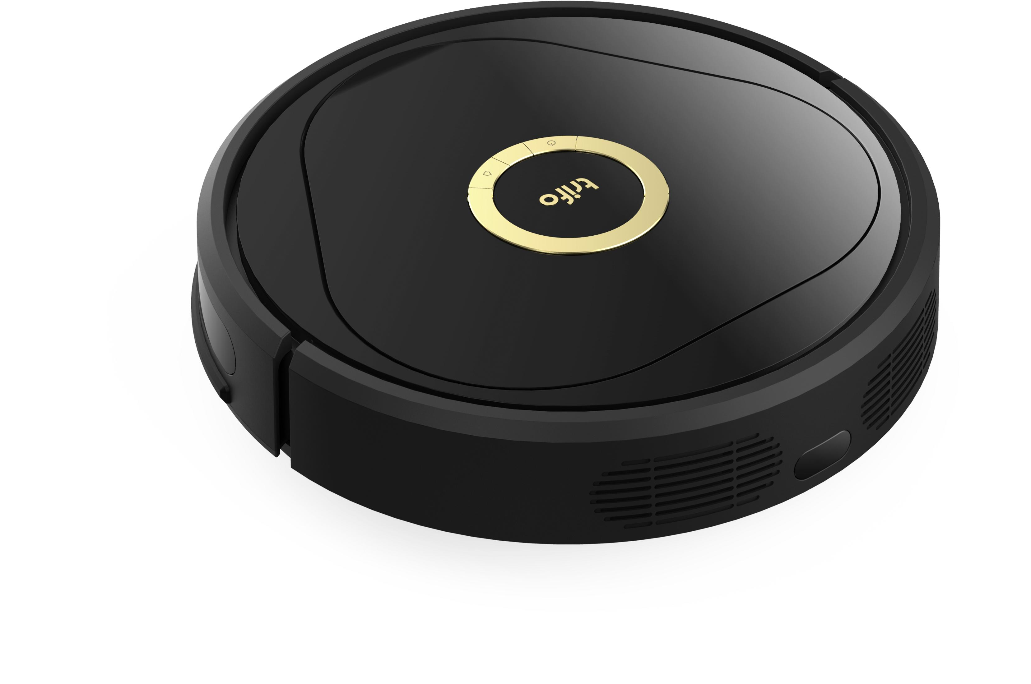 Czarny okrągły robot odkurzający ze złotym przyciskiem centralnym.