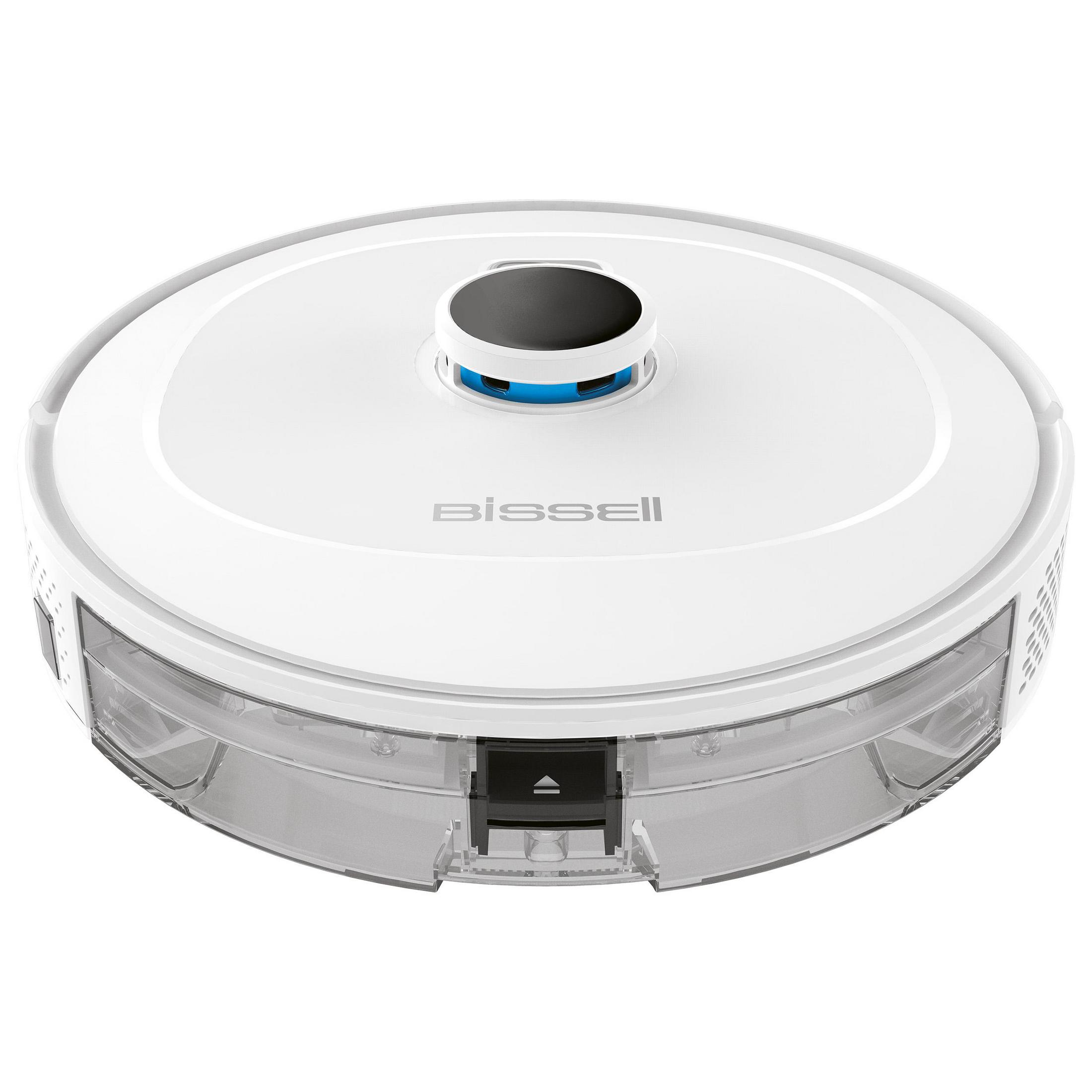 Aspirapolvere robot rotondo bianco con dettagli superiori neri e blu.