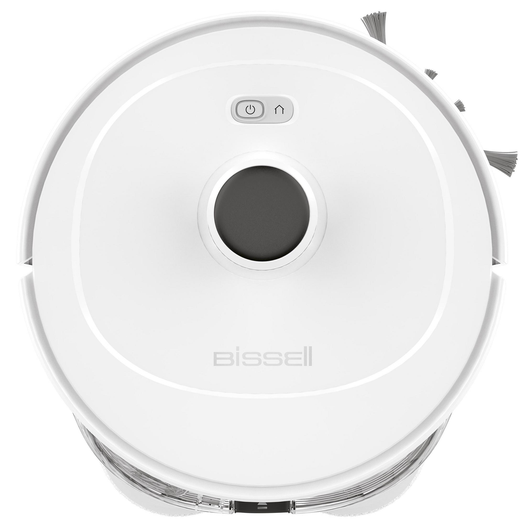 Aspirateur robot blanc, vue de dessus. Centre gris, logo Bissell et brosses visibles.