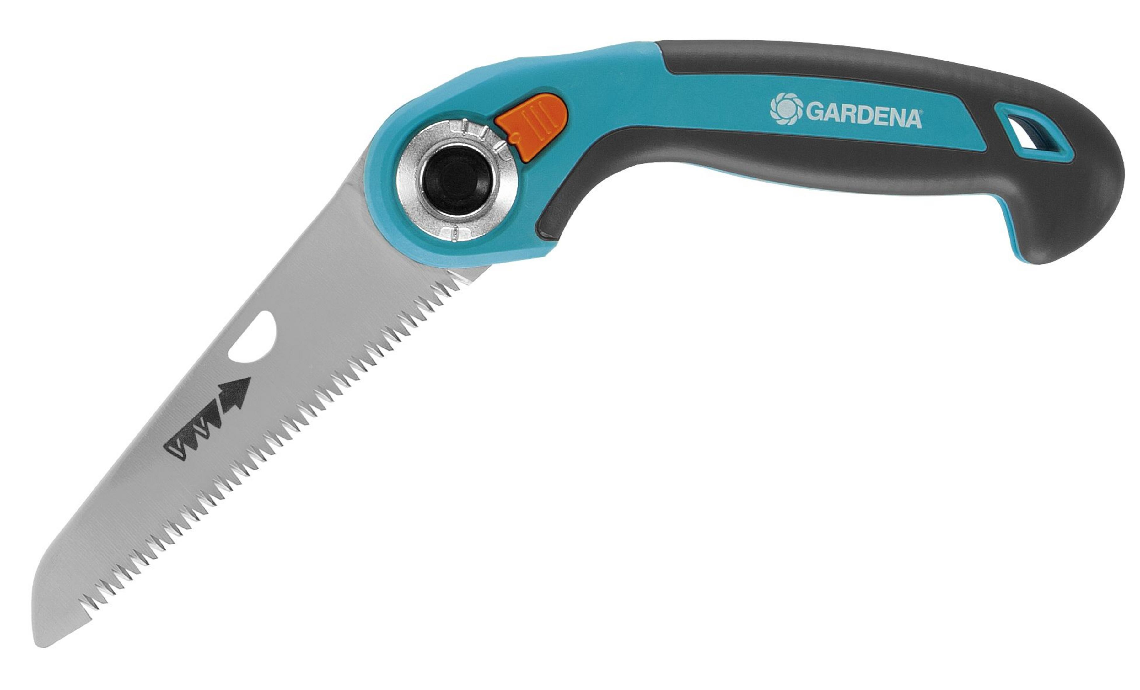 Eine GARDENA Astsäge. Sie hat einen blau-schwarzen Griff mit einer silbernen Klinge.