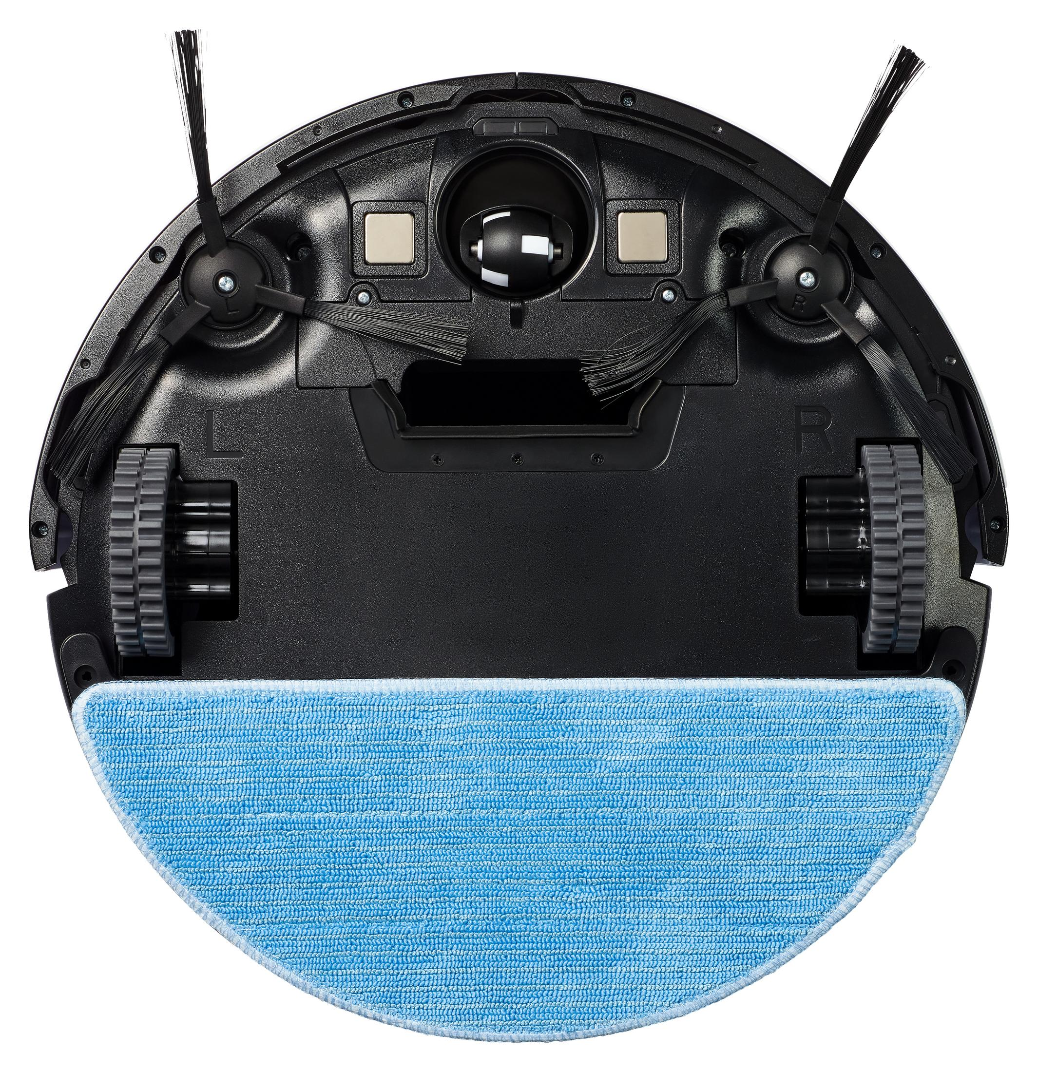 Aspirapolvere robot nero con panno blu, ruote visibili.