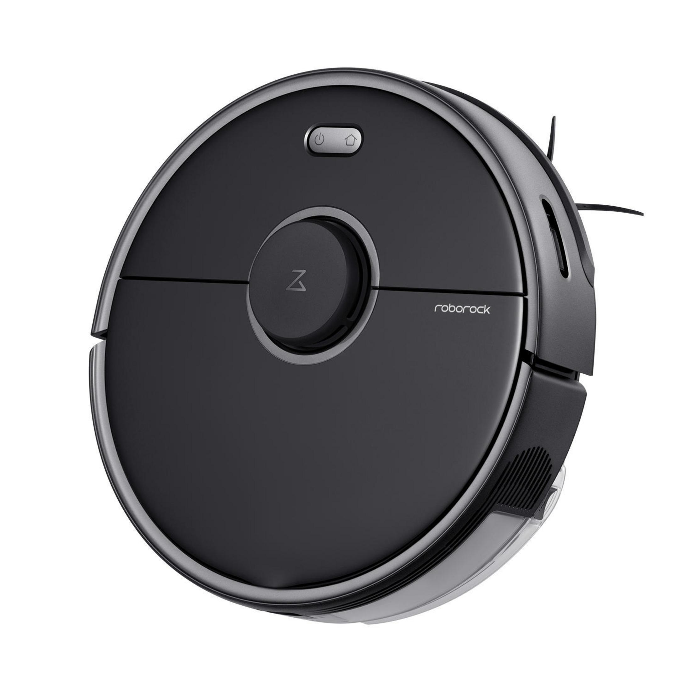 Ein schwarzer, runder Roboter-Staubsauger mit dem Markennamen 'roborock' auf weißem Hintergrund.