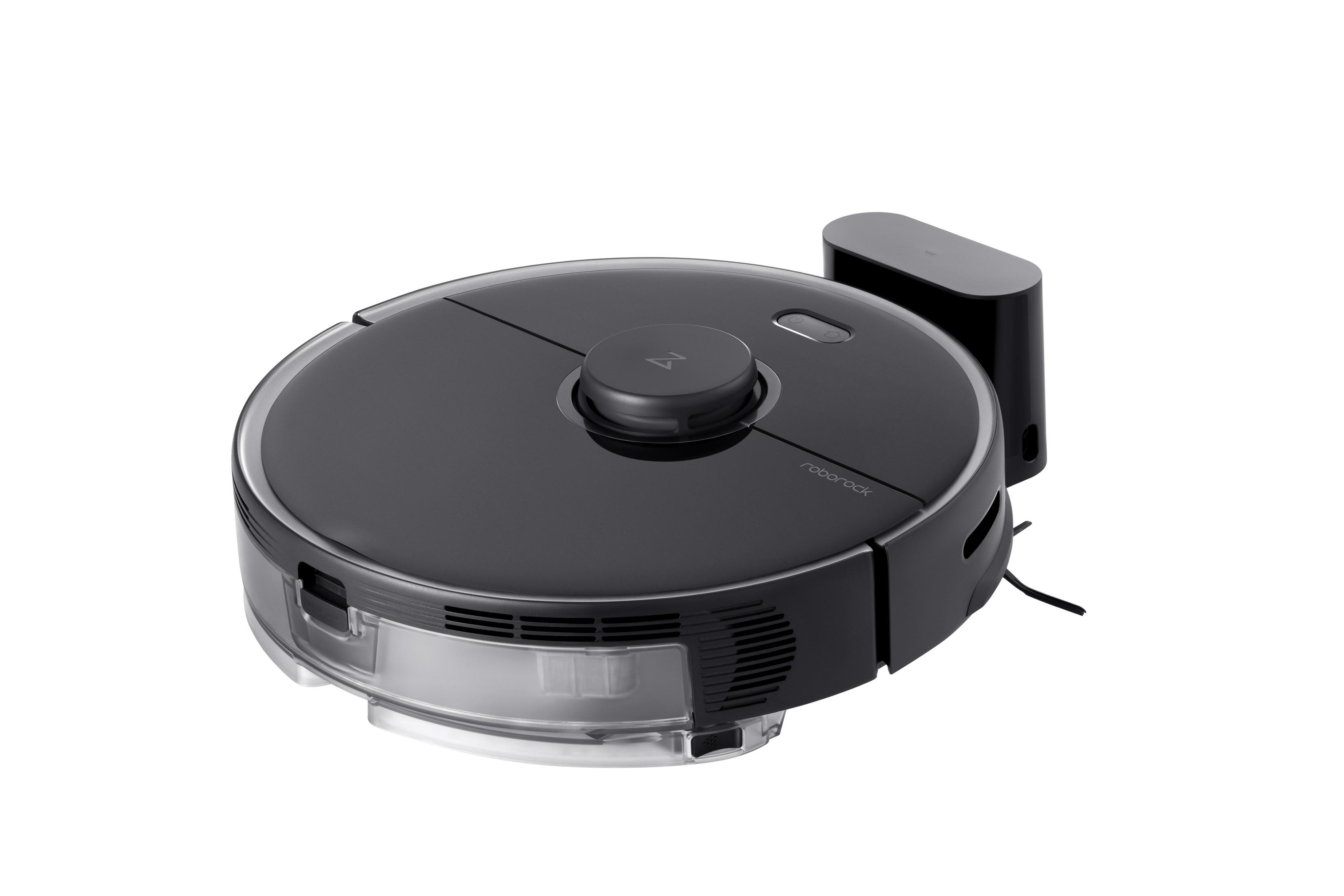 Ein schwarzer, runder Roborock-Staubsauger mit einer Ladestation.