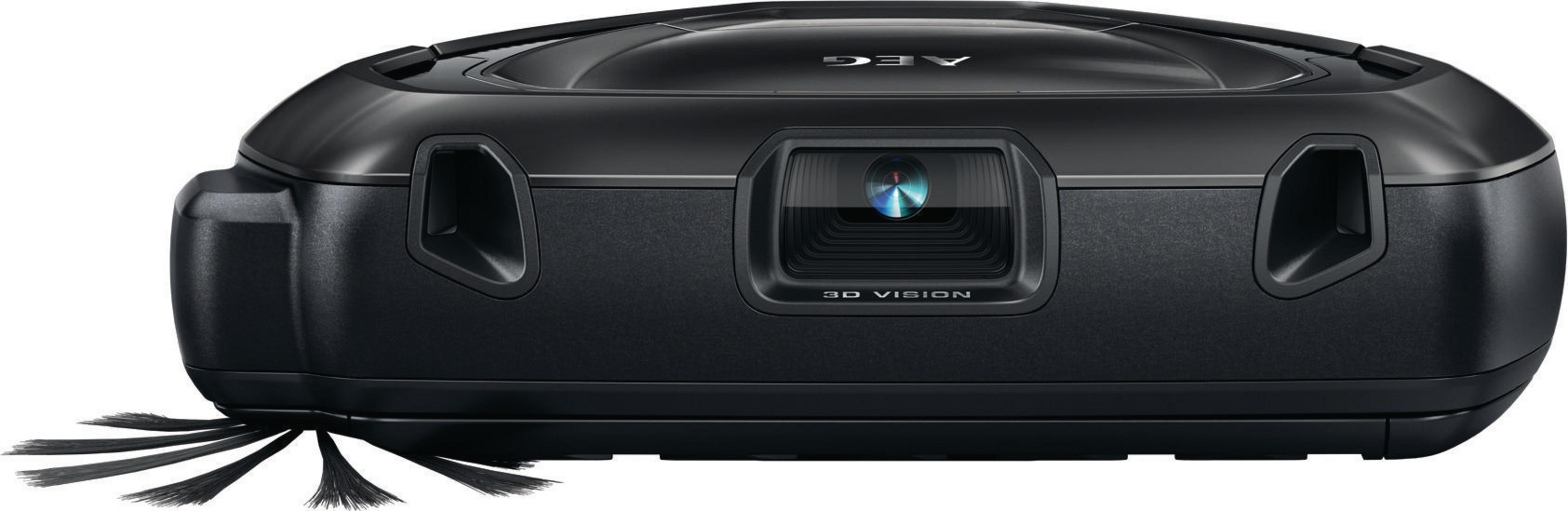 Czarny odkurzacz automatyczny AEG z 3D Vision, widok z przodu na białym tle.