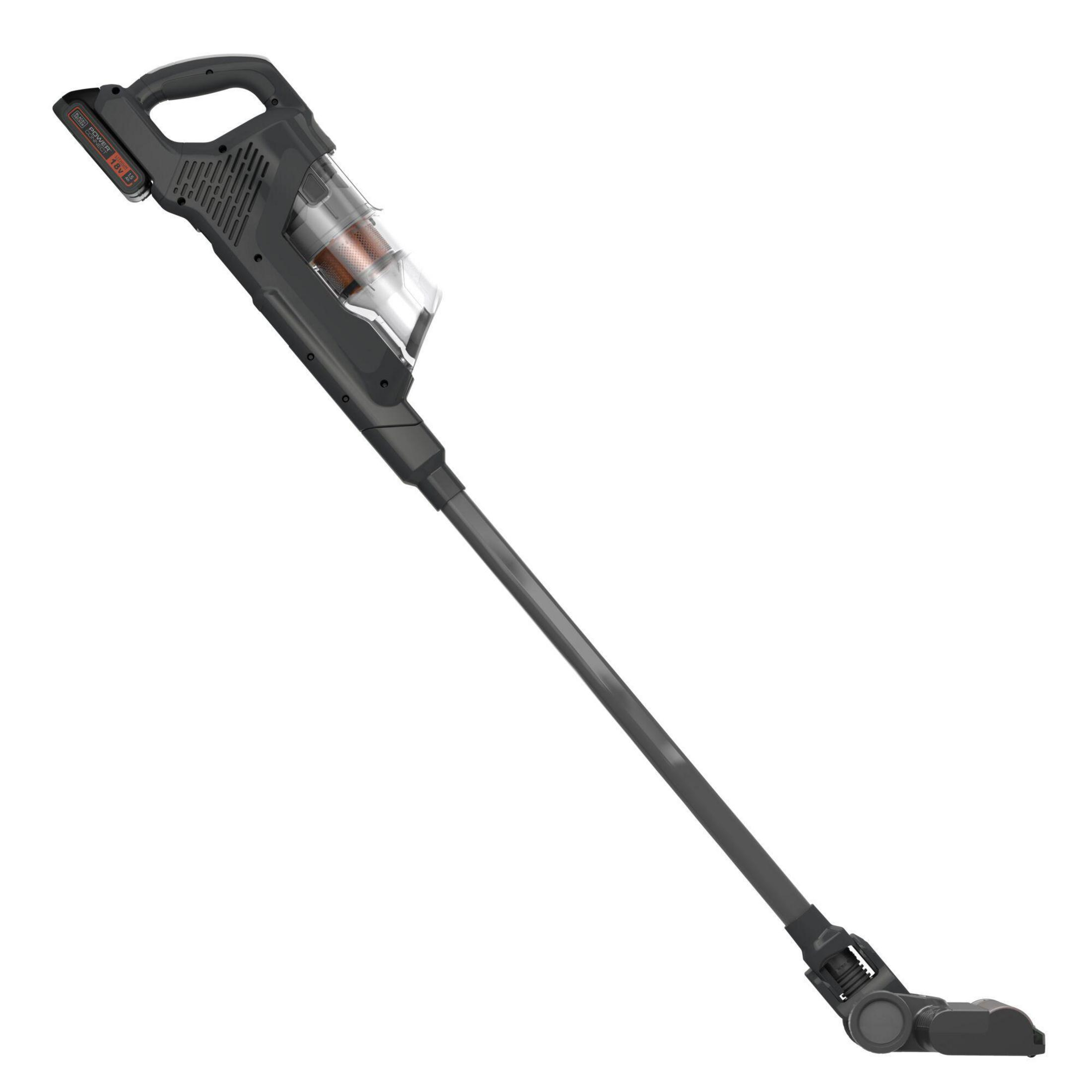 Ein grauer kabelloser Staubsauger mit langem Griff, nach oben abgewinkelt.