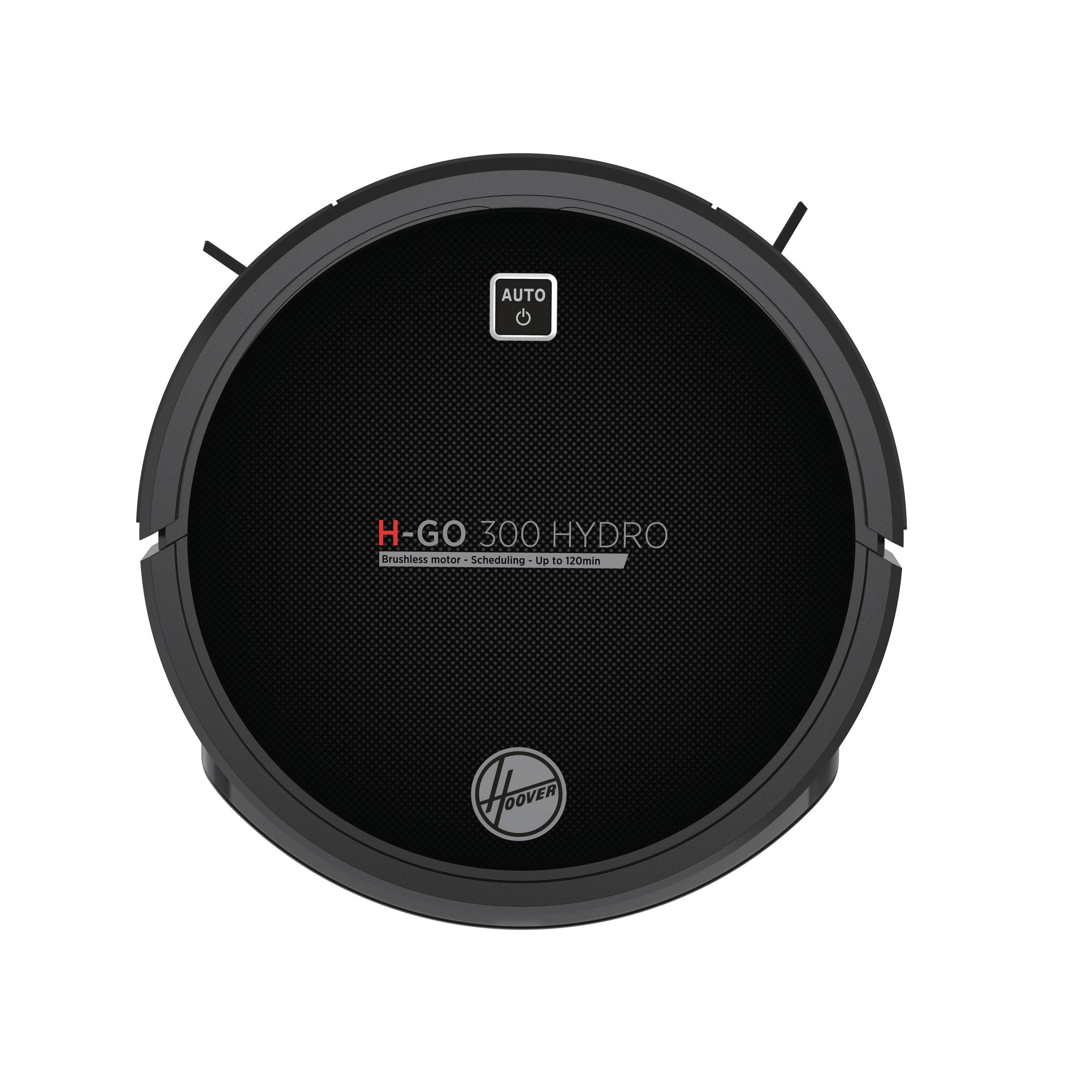Ein schwarzer, runder Roboter-Staubsauger. Es hat einen Power-Knopf und das Wort 'Hoover'.