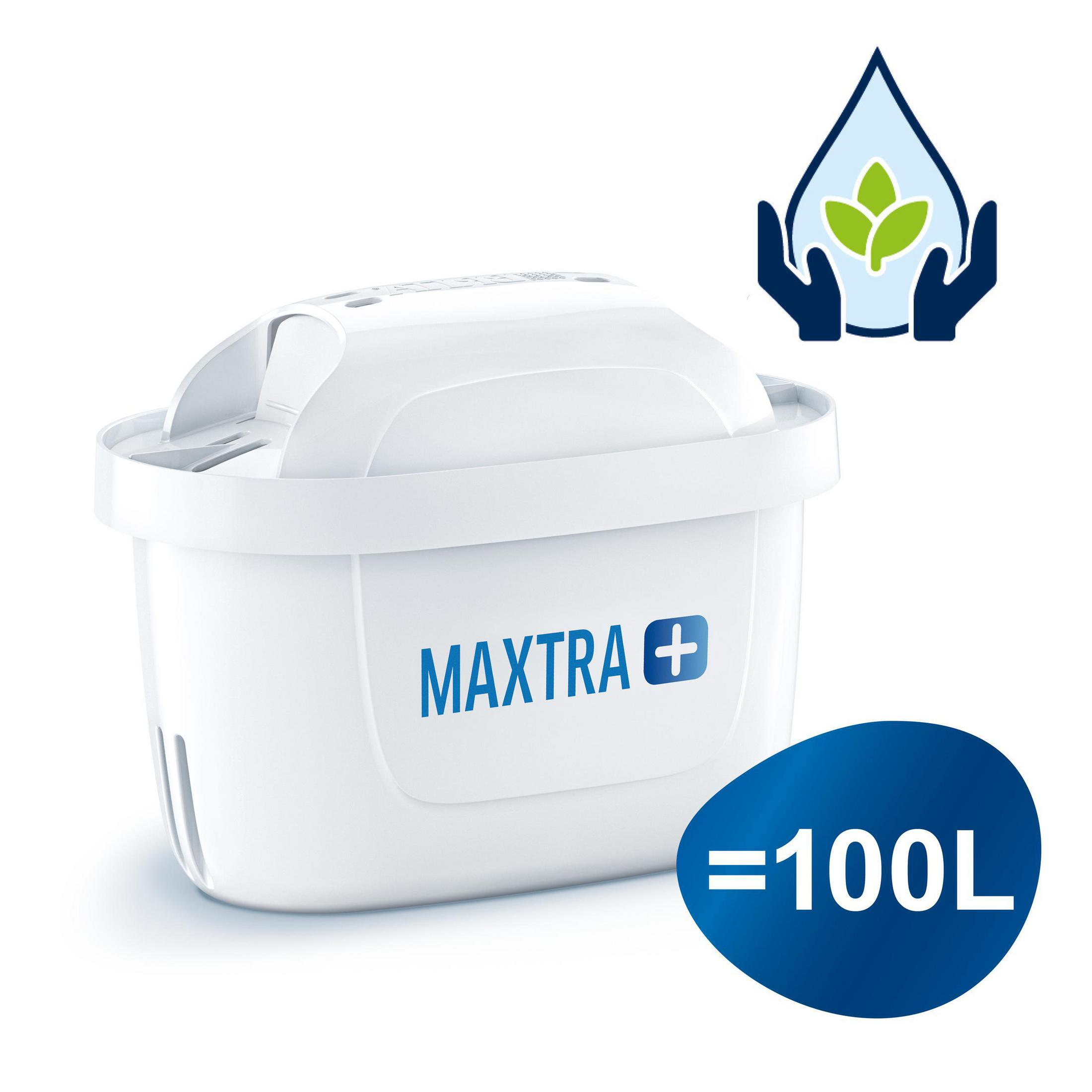 Filtro per l'acqua bianco con etichetta blu, con icona goccia d'acqua e foglie.