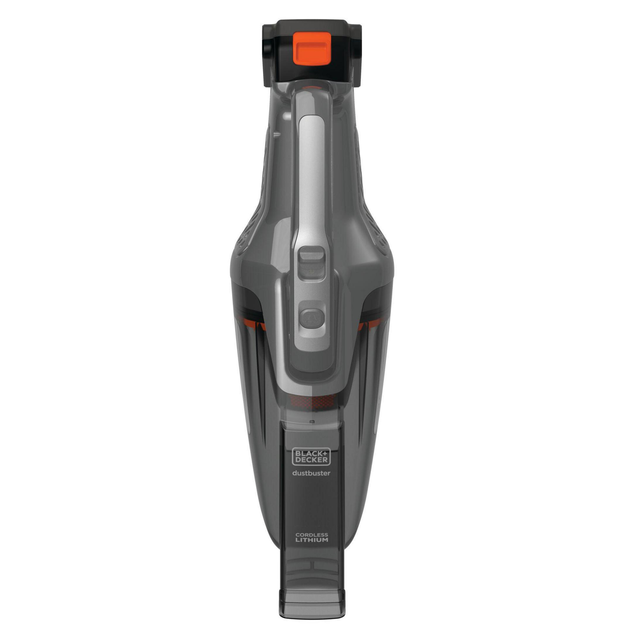 Aspiradora Dustbuster Black+Decker en vista vertical. Gris oscuro con acentos naranjas.
