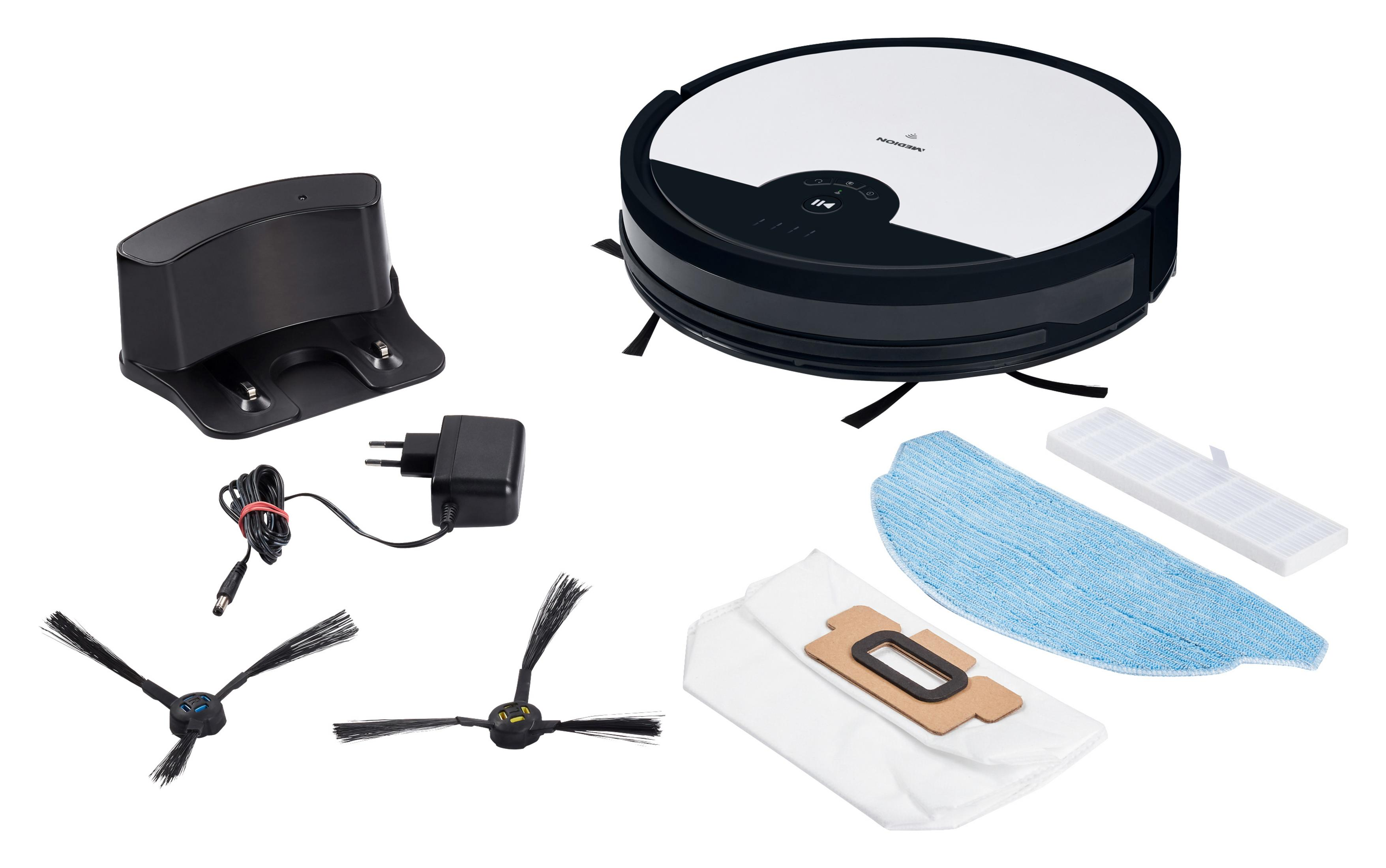 Odkurzacz robot z akcesoriami, ładowarką, szczotkami i środkami czyszczącymi.