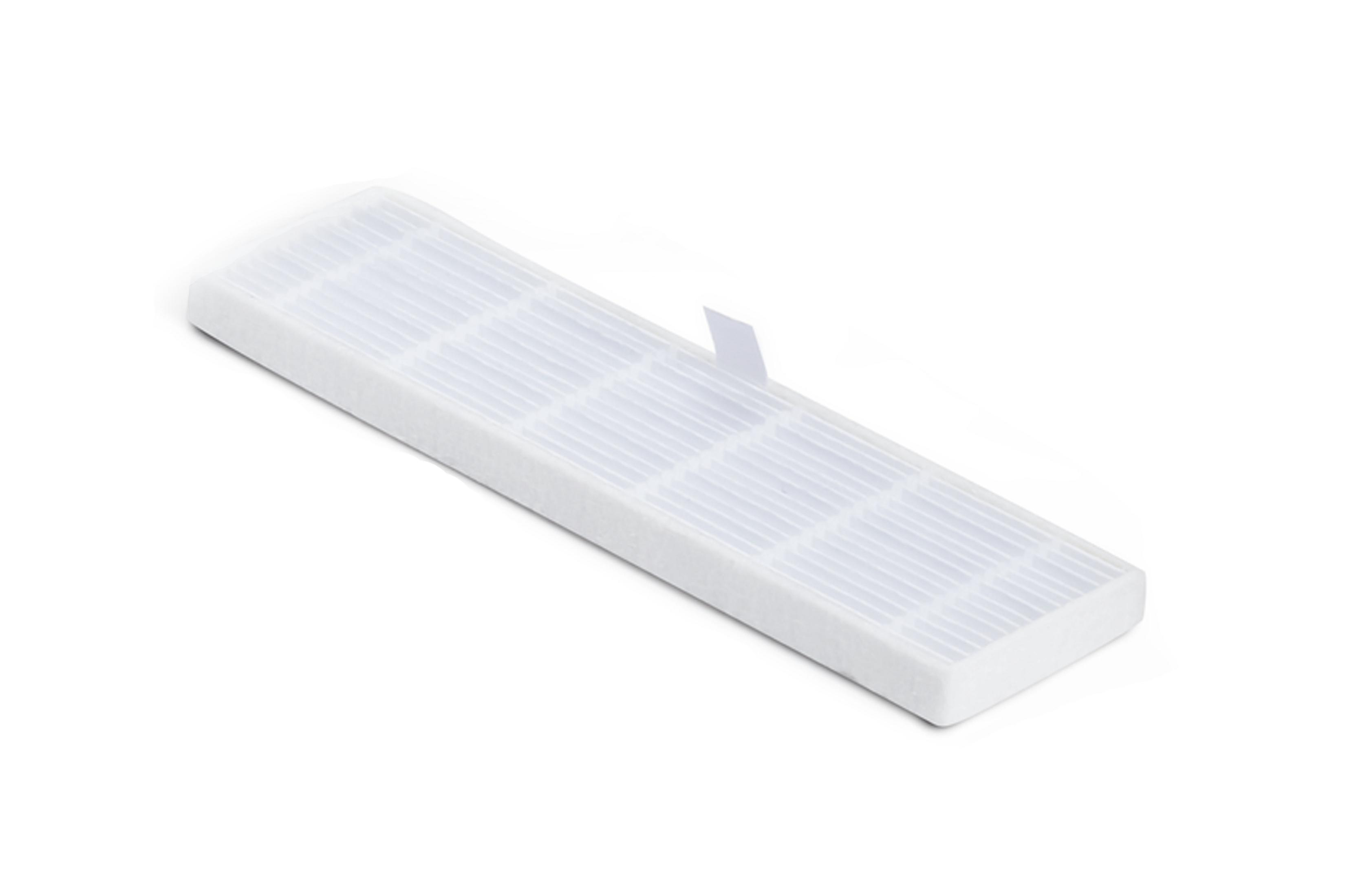 Biały prostokątny filtr powietrza z wzorem kratki, leżący na białej powierzchni.