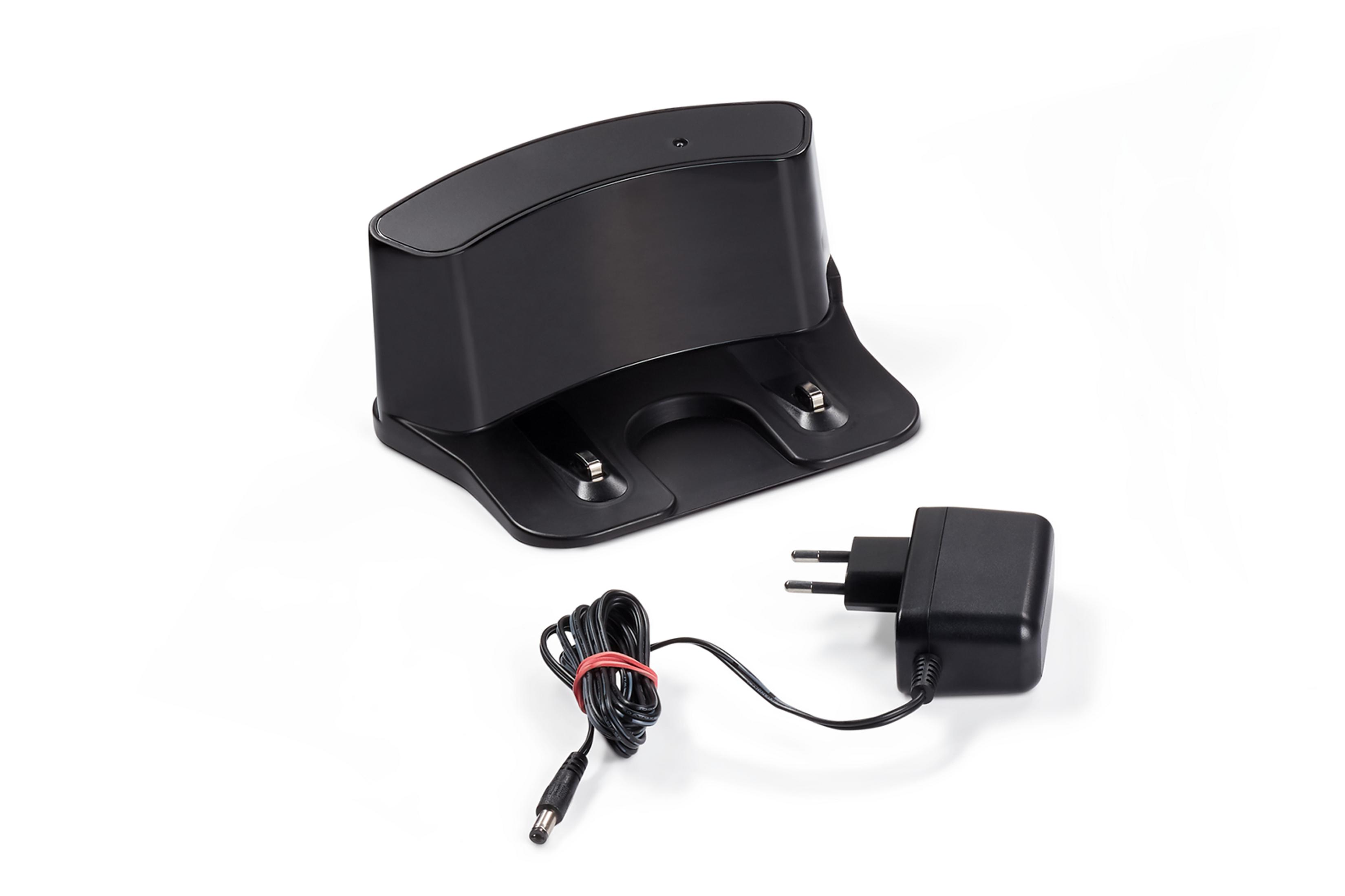 Czarna stacja ładująca i adapter do odkurzacza robota. Białe tło.