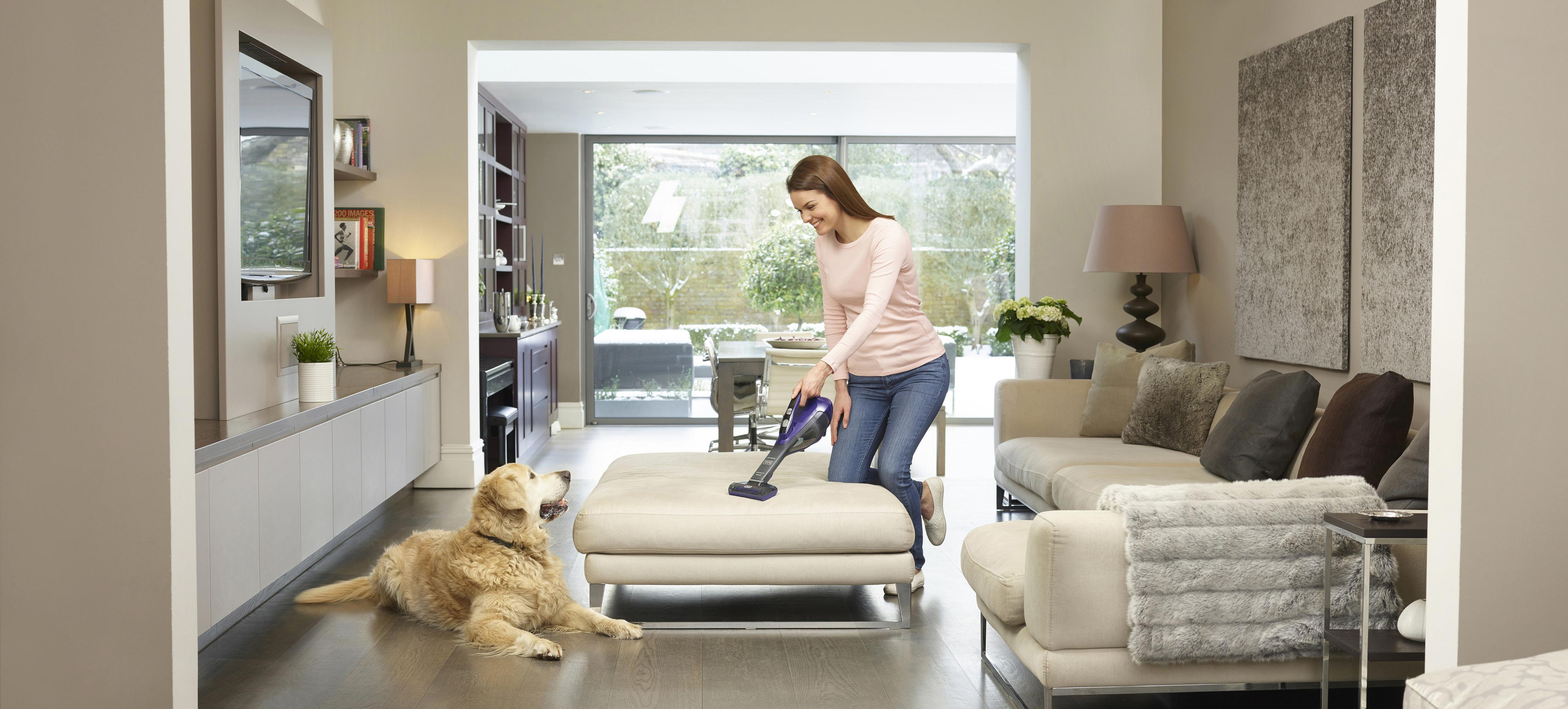 Mujer aspirando un sofá, perro acostado en la sala.
