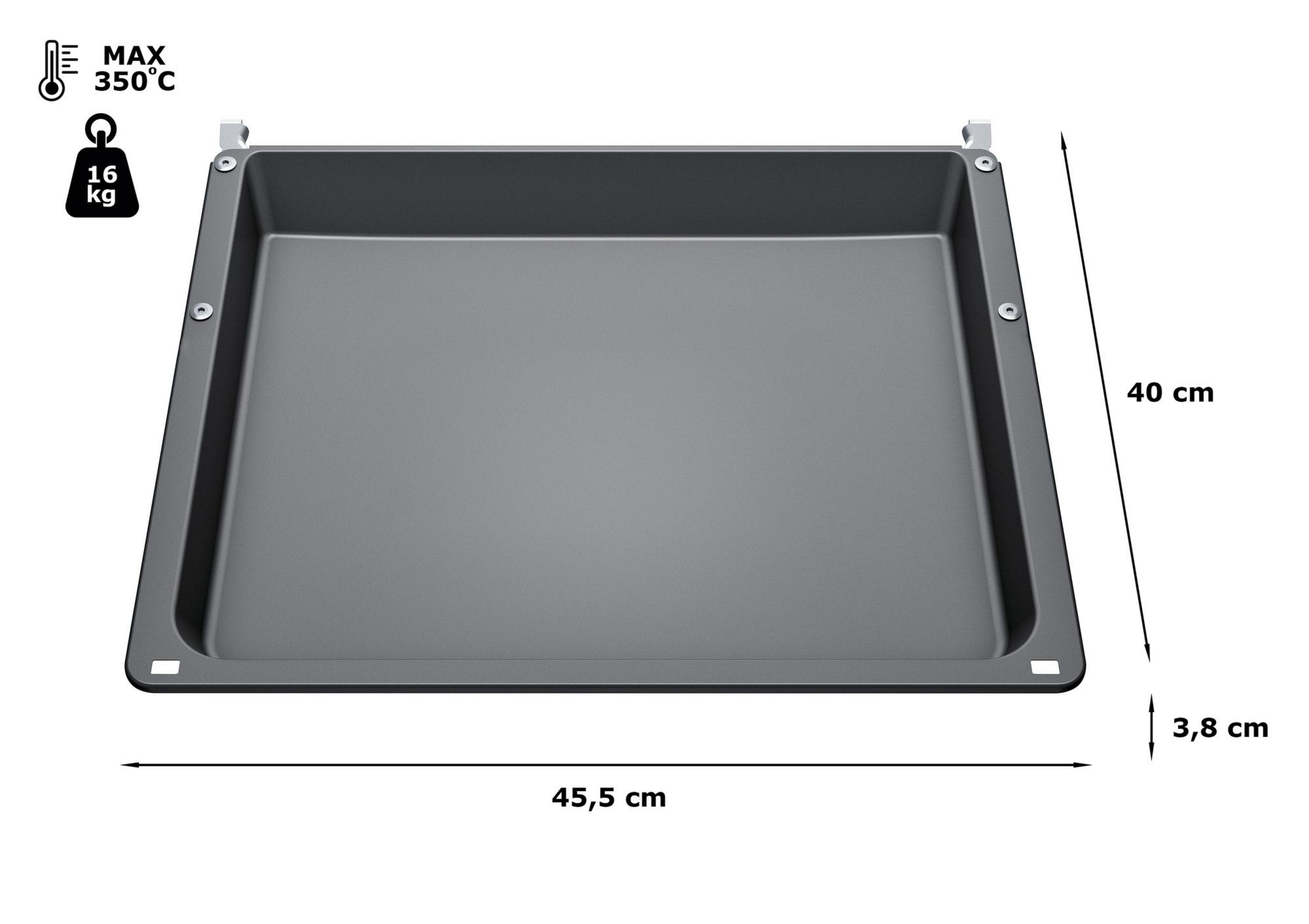 Una bandeja de horno, gris, con dimensiones: 45,5 cm x 40 cm x 3,8 cm. Temperatura máxima 350°C, peso 16 kg.