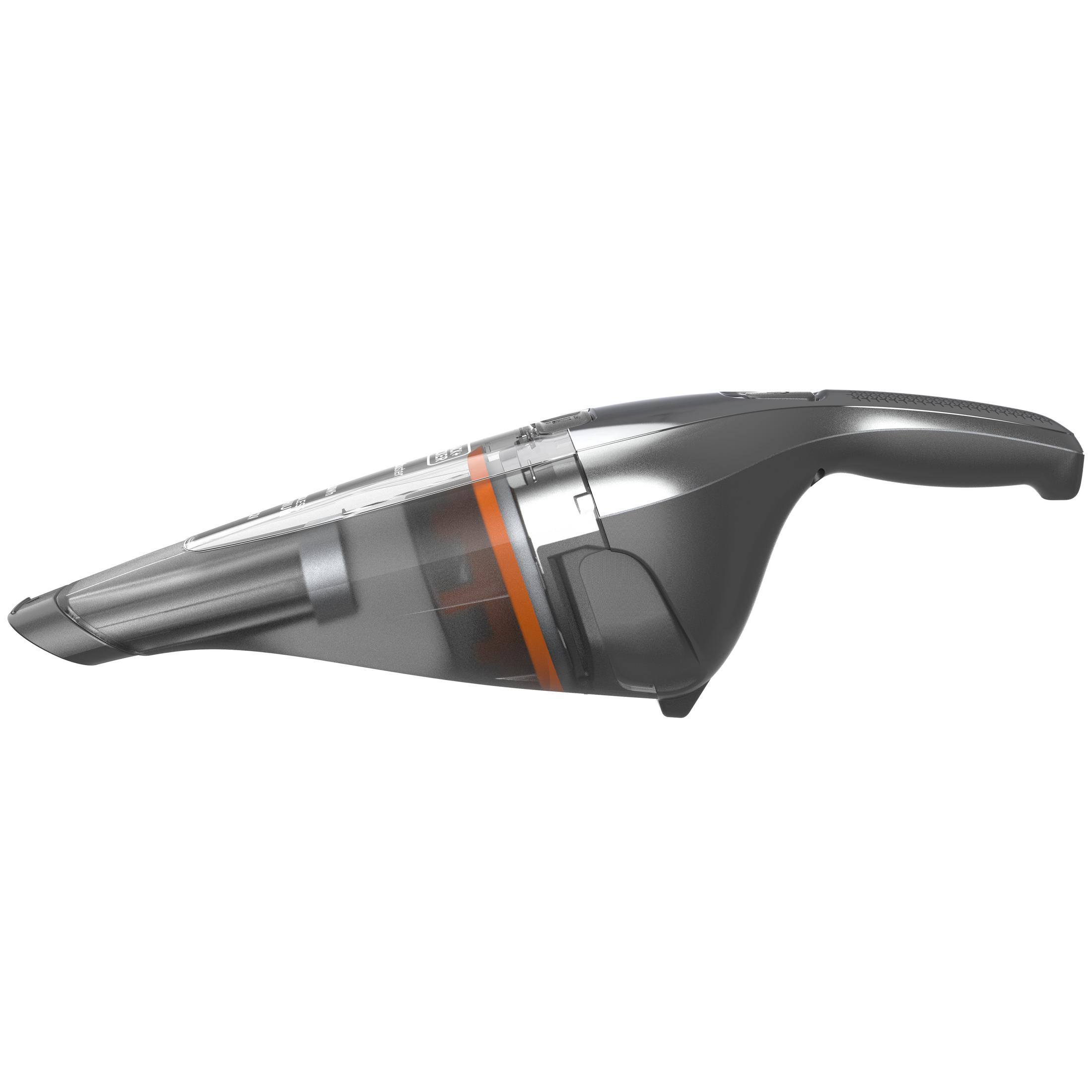 Una aspiradora de mano Black+Decker negra y gris. El contenedor de polvo transparente muestra naranja.