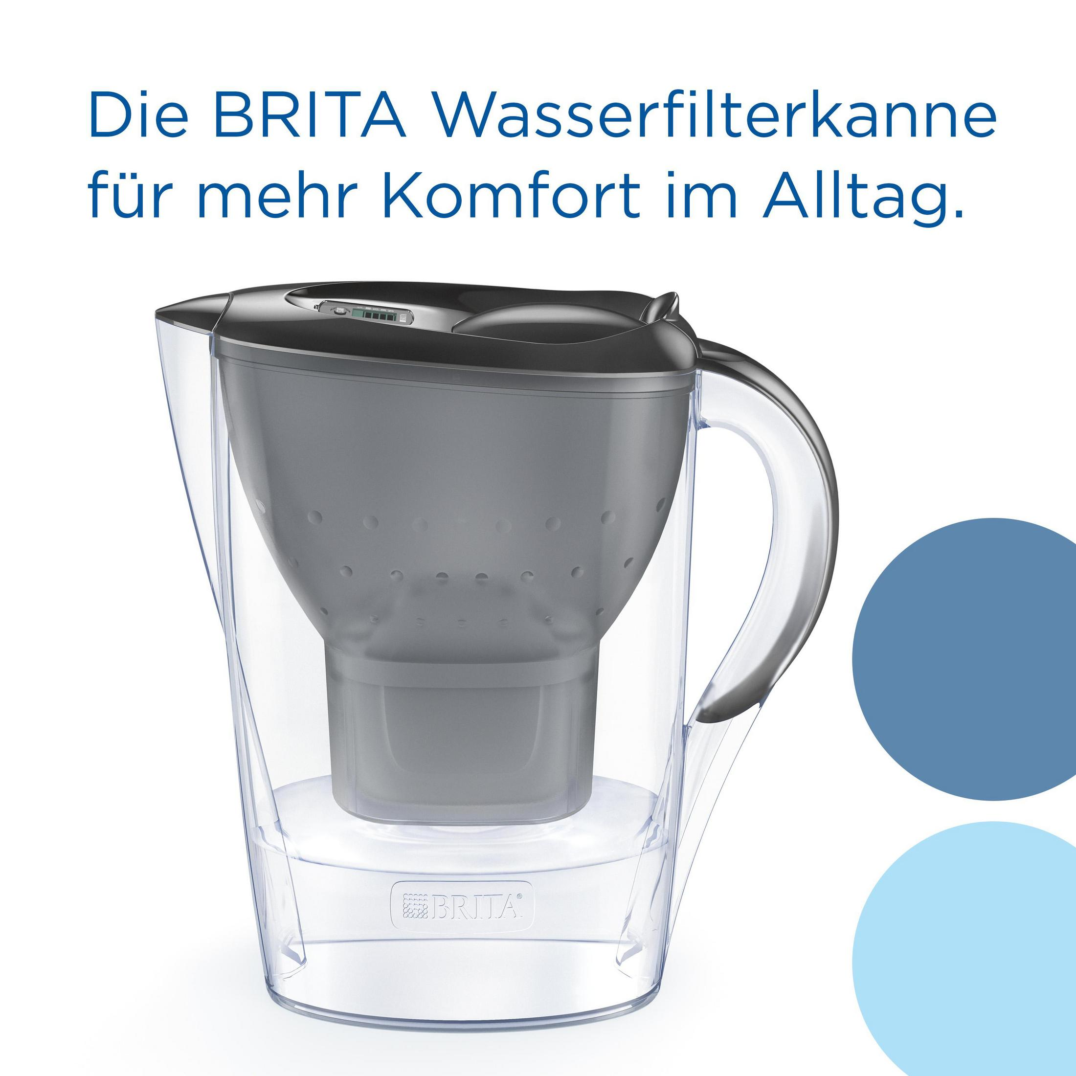 Brita Wasserfilterkanne mit blauen Kreisen. Die Kanne ist klar mit schwarzem Deckel und grauem Filter.