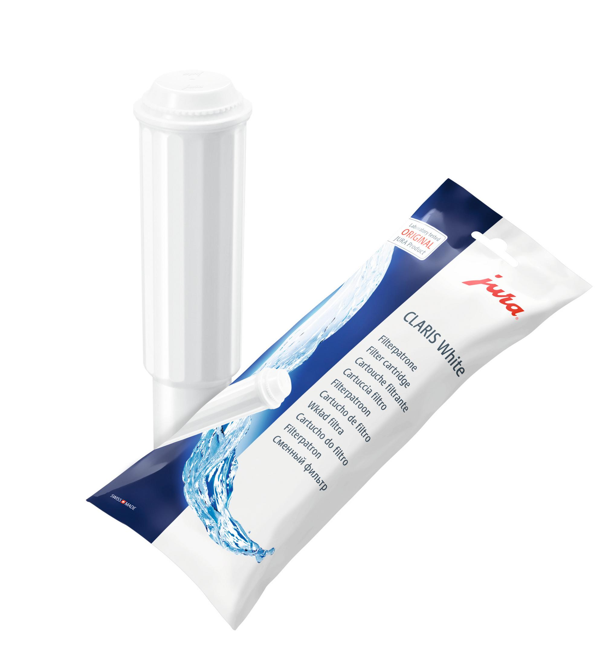 Filtro Jura Claris White bianco e un pacchetto filtro bianco e blu su sfondo bianco.